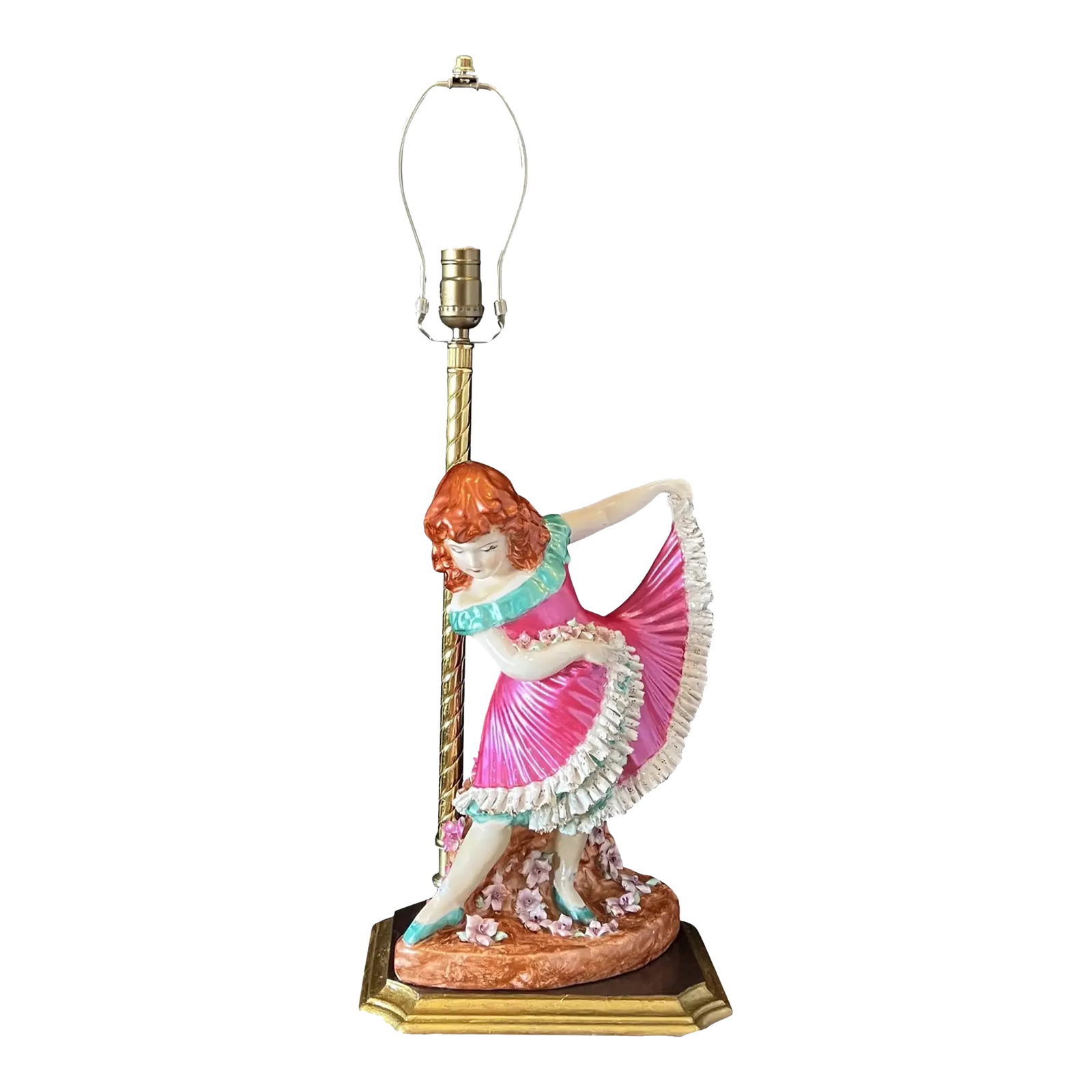 1947 Gerbruder Heubach Porcelain Young Girl Dancing Table Lamp: This exquisite 1947 porcelain figurine draws inspiration from the iconic GebrÃ¼der Heubach dancing girl figurine, capturing a sense of grace and movement. She is depicted mid-dance, her