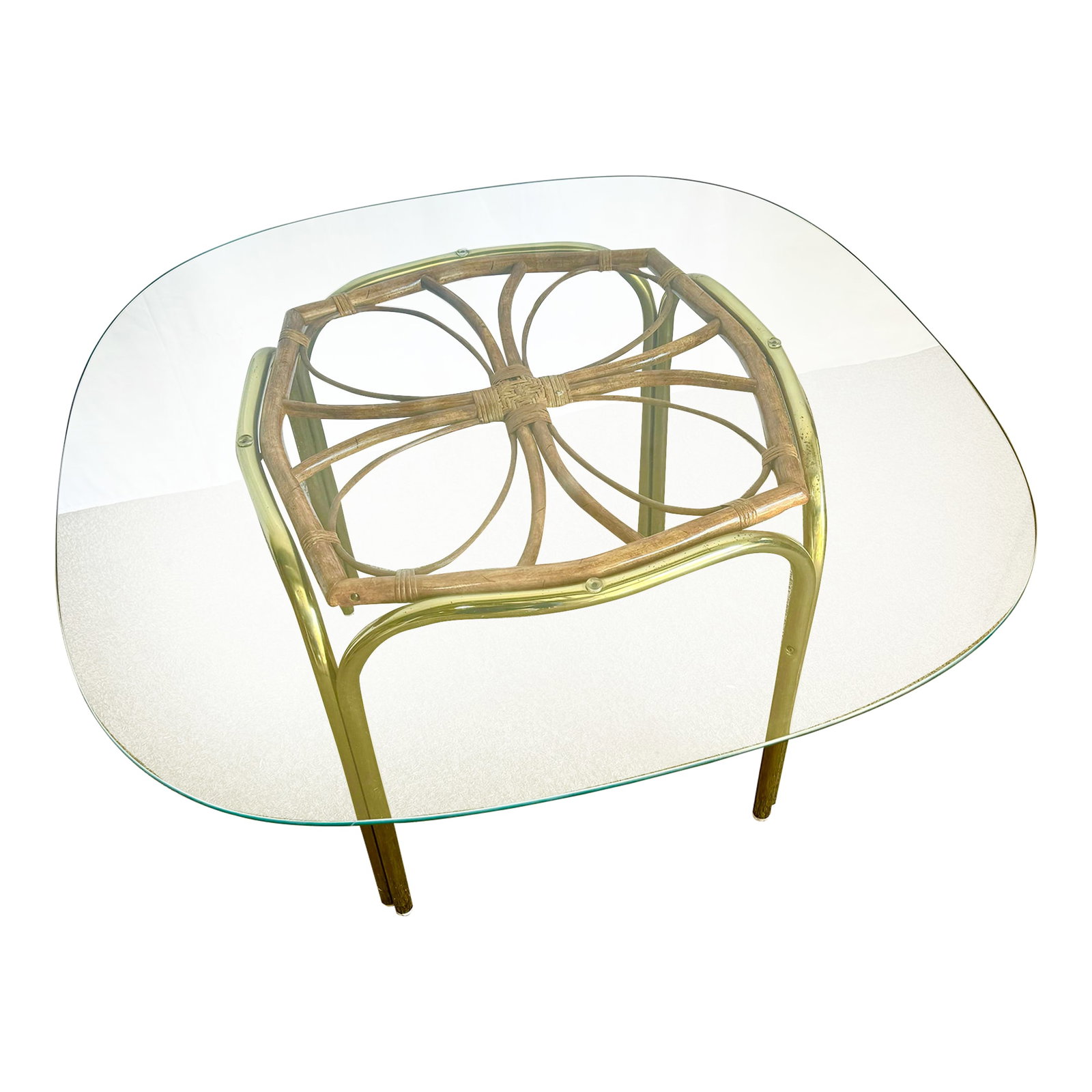 Vintage Boho Gold and Rattan Glass Top Dining Table (1 of 8)