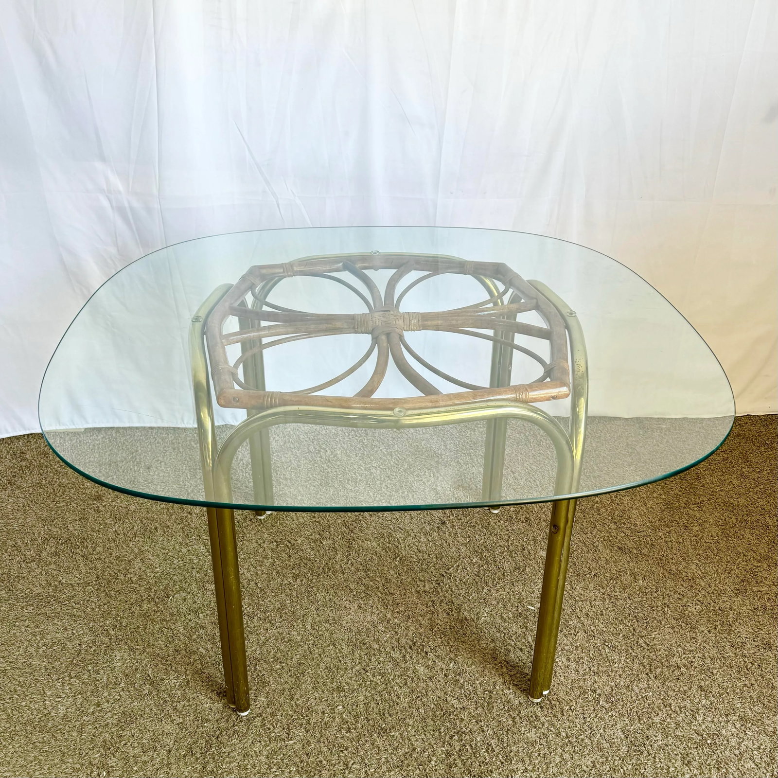 Vintage Boho Gold and Rattan Glass Top Dining Table - 2