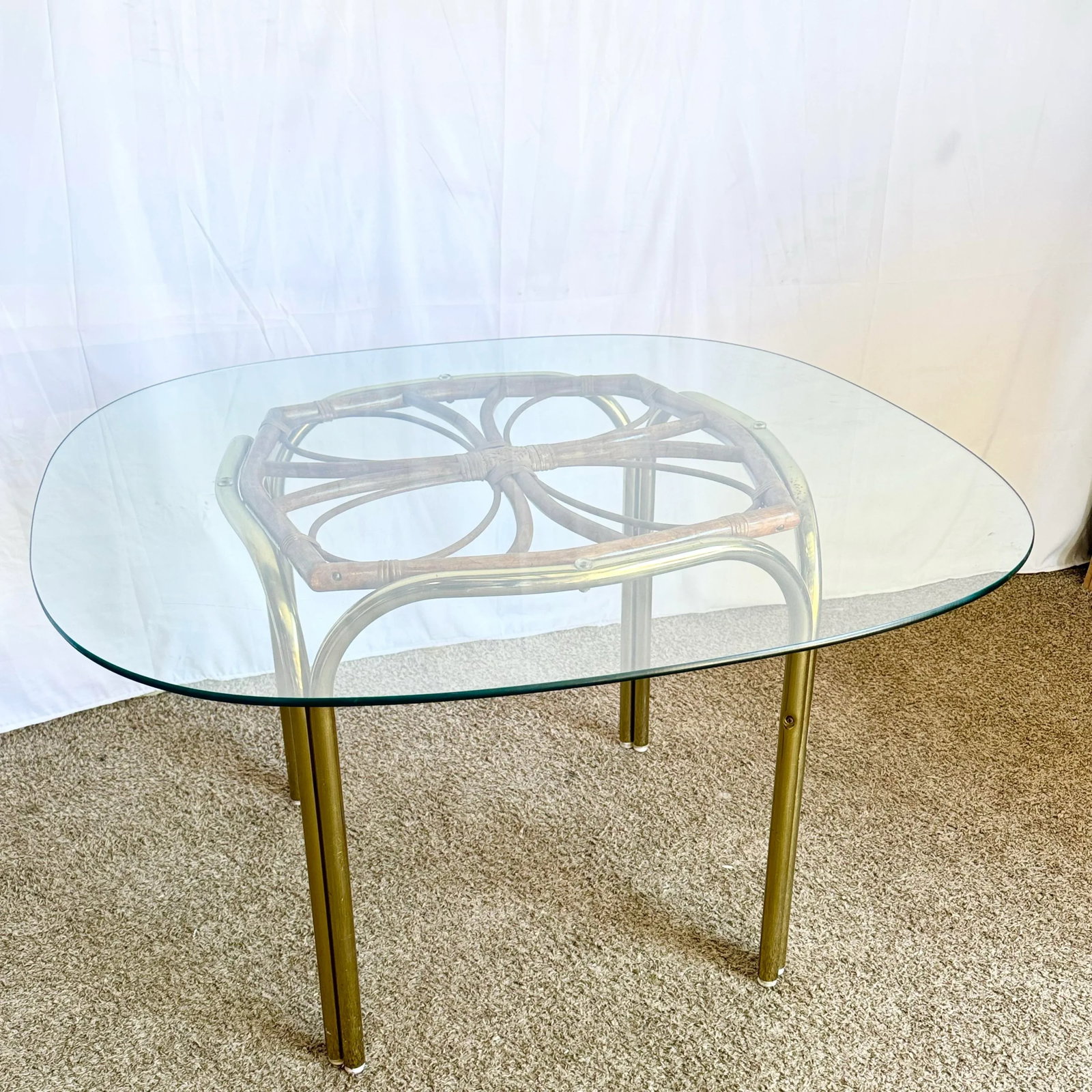 Vintage Boho Gold and Rattan Glass Top Dining Table - 3