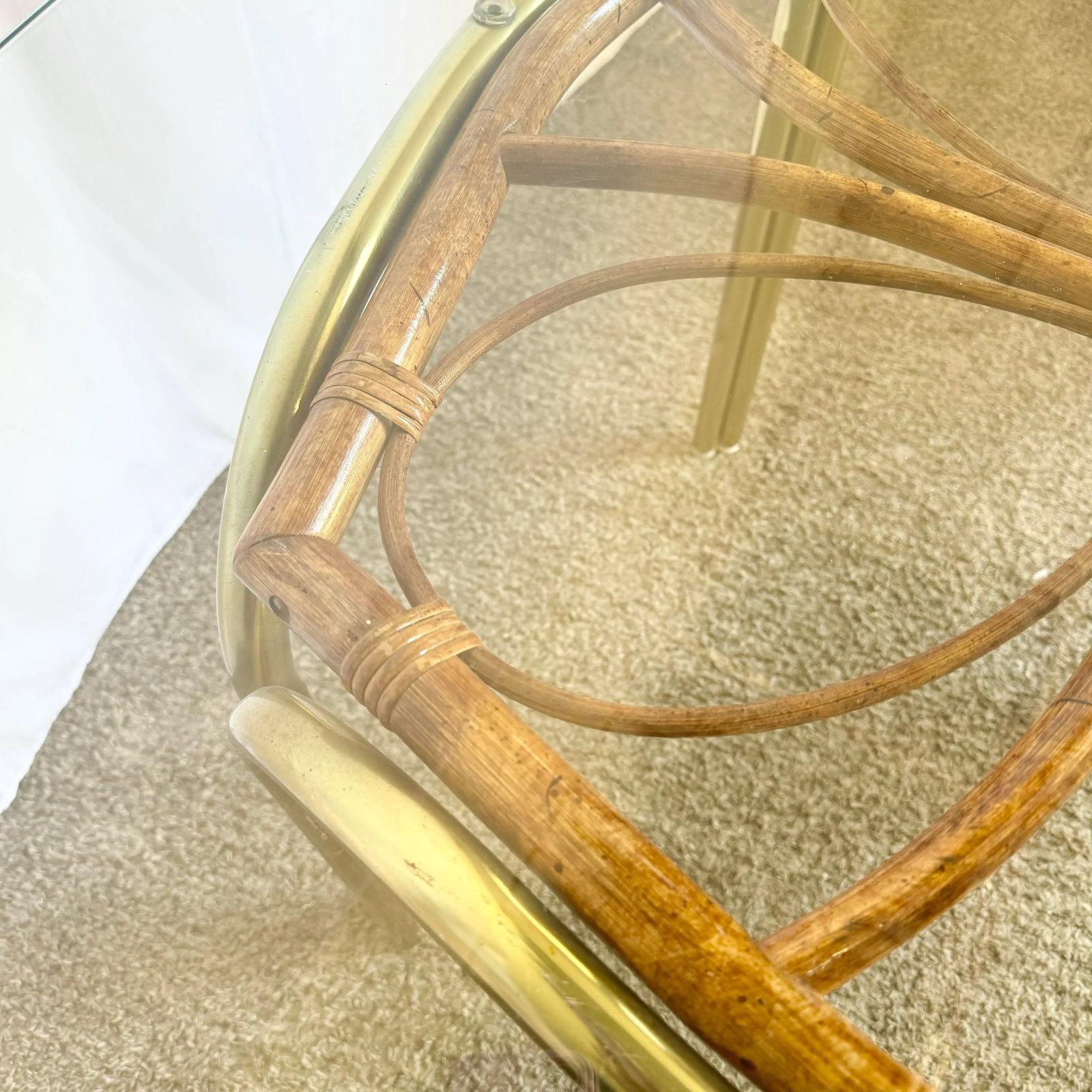 Vintage Boho Gold and Rattan Glass Top Dining Table - 4