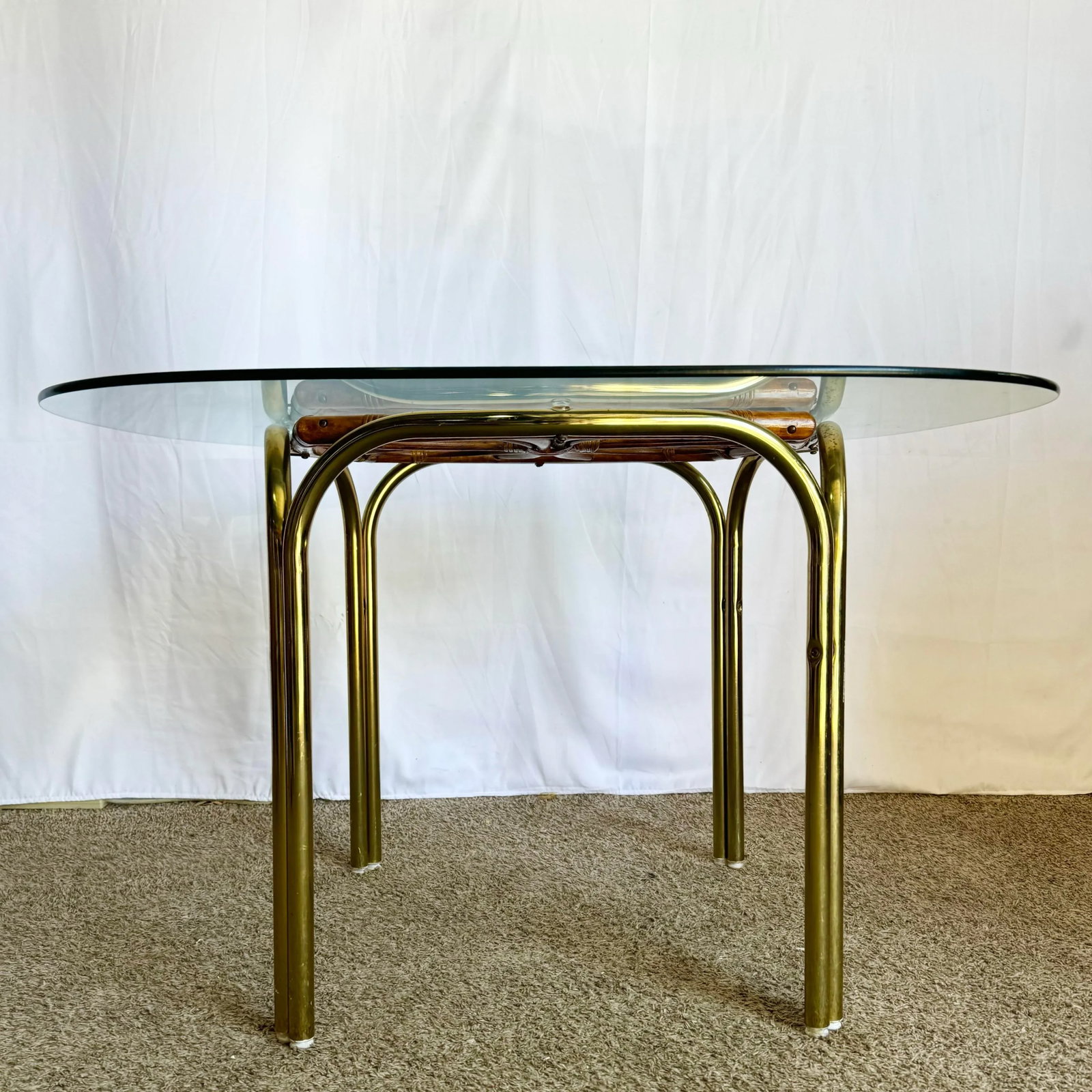 Vintage Boho Gold and Rattan Glass Top Dining Table - 5