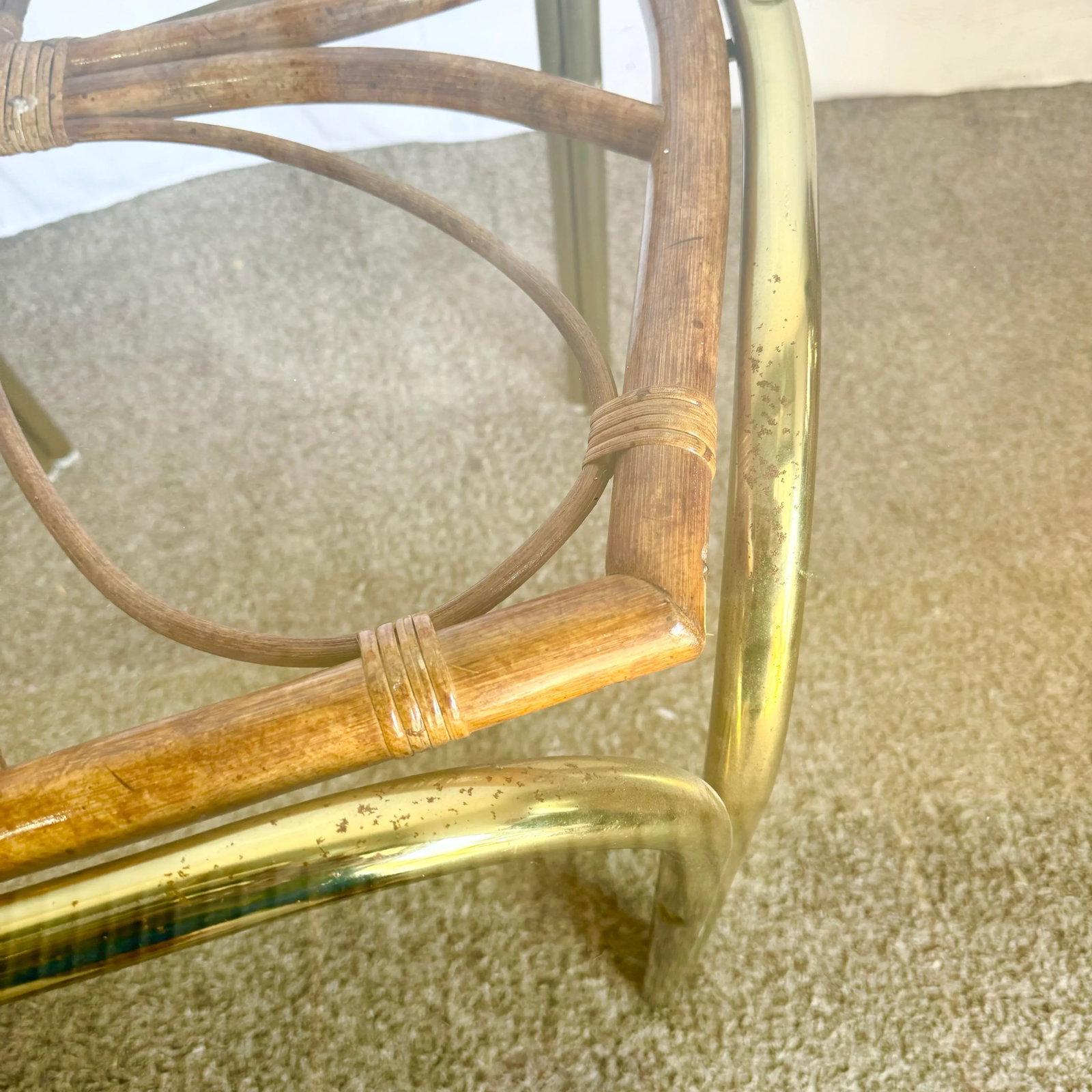 Vintage Boho Gold and Rattan Glass Top Dining Table - 6