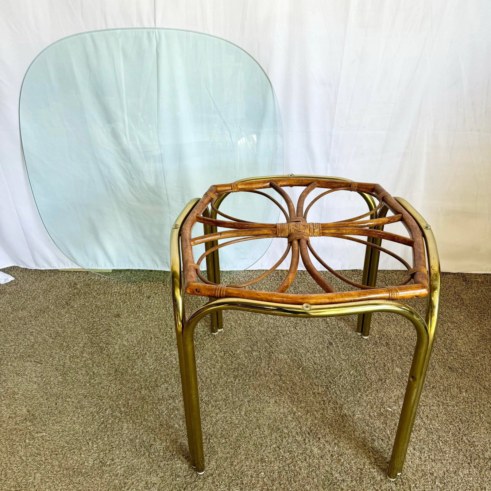 Vintage Boho Gold and Rattan Glass Top Dining Table - 7