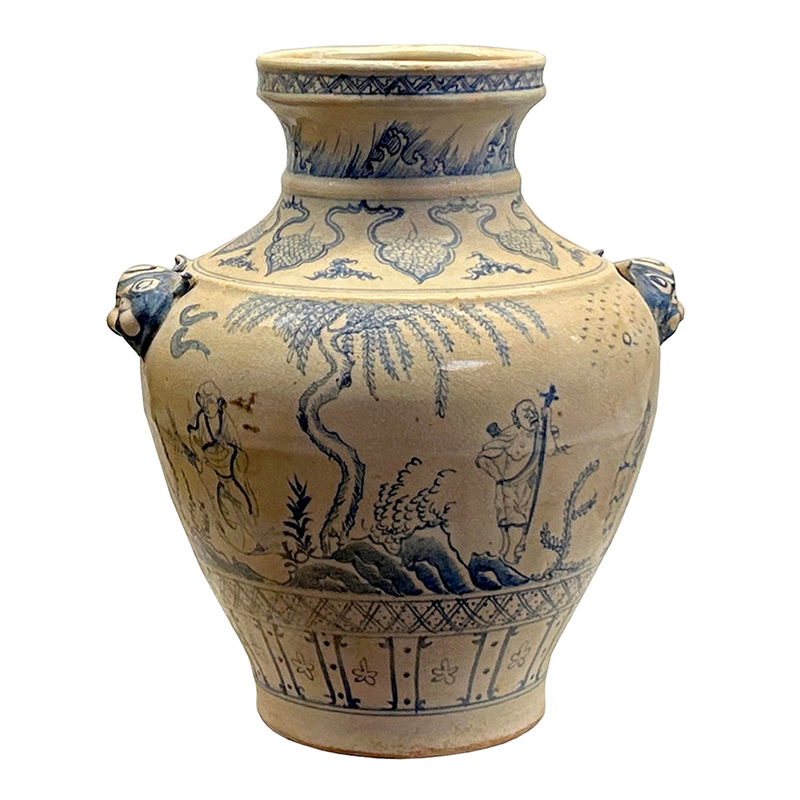Vintage Handmade Light Tan Cream Base Blue Scenery Graphic Pottery Ceramic Vase (1 of 6)
