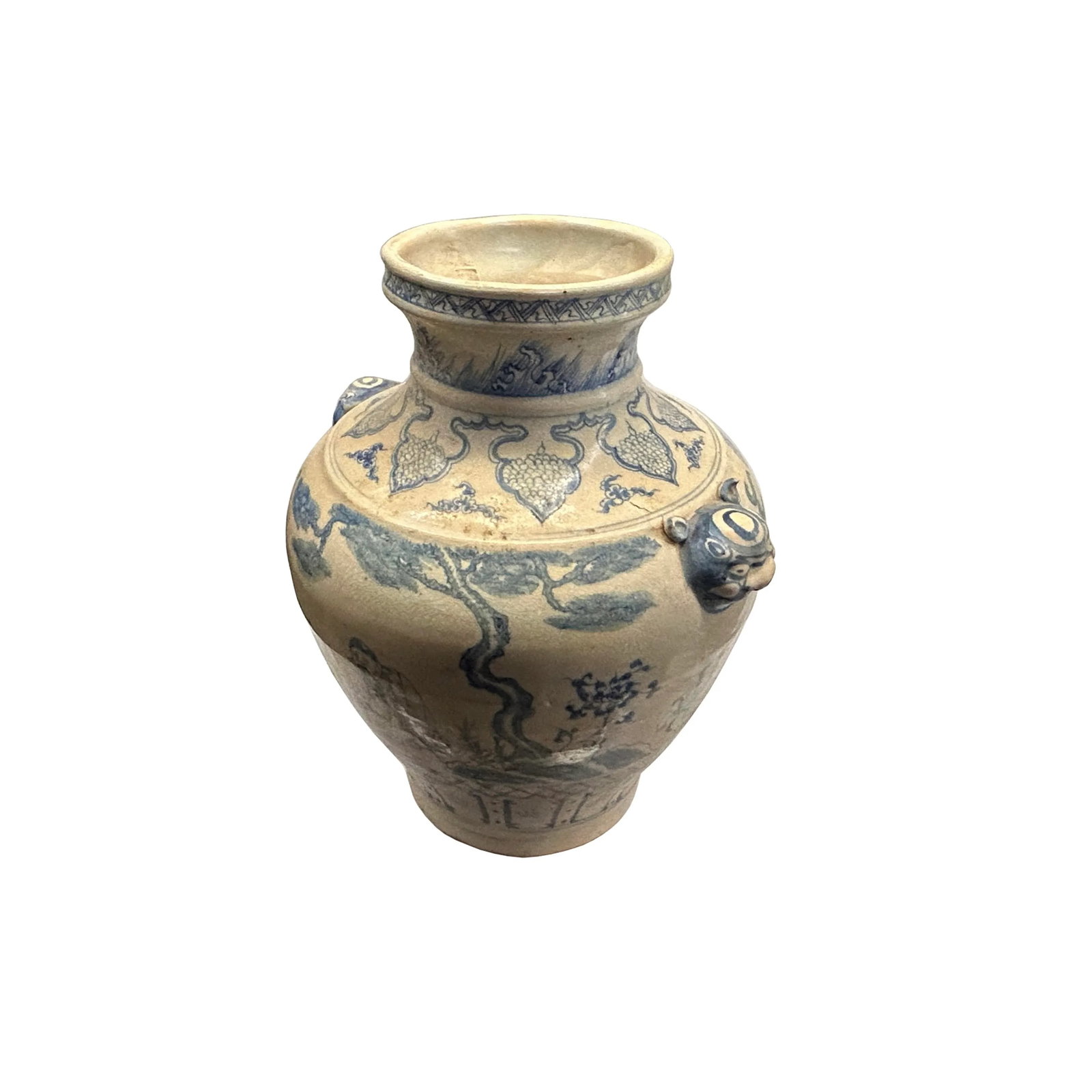 Vintage Handmade Light Tan Cream Base Blue Scenery Graphic Pottery Ceramic Vase - 2