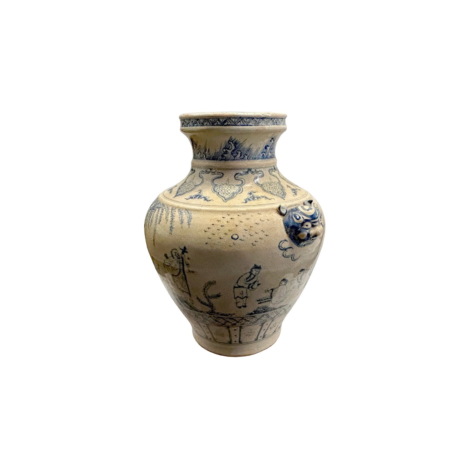 Vintage Handmade Light Tan Cream Base Blue Scenery Graphic Pottery Ceramic Vase - 3