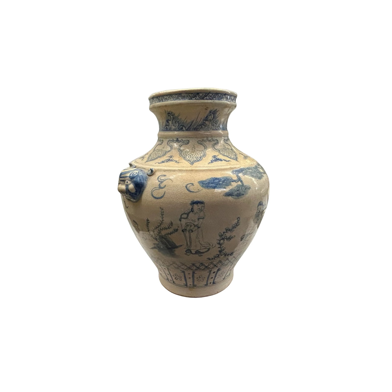 Vintage Handmade Light Tan Cream Base Blue Scenery Graphic Pottery Ceramic Vase - 4