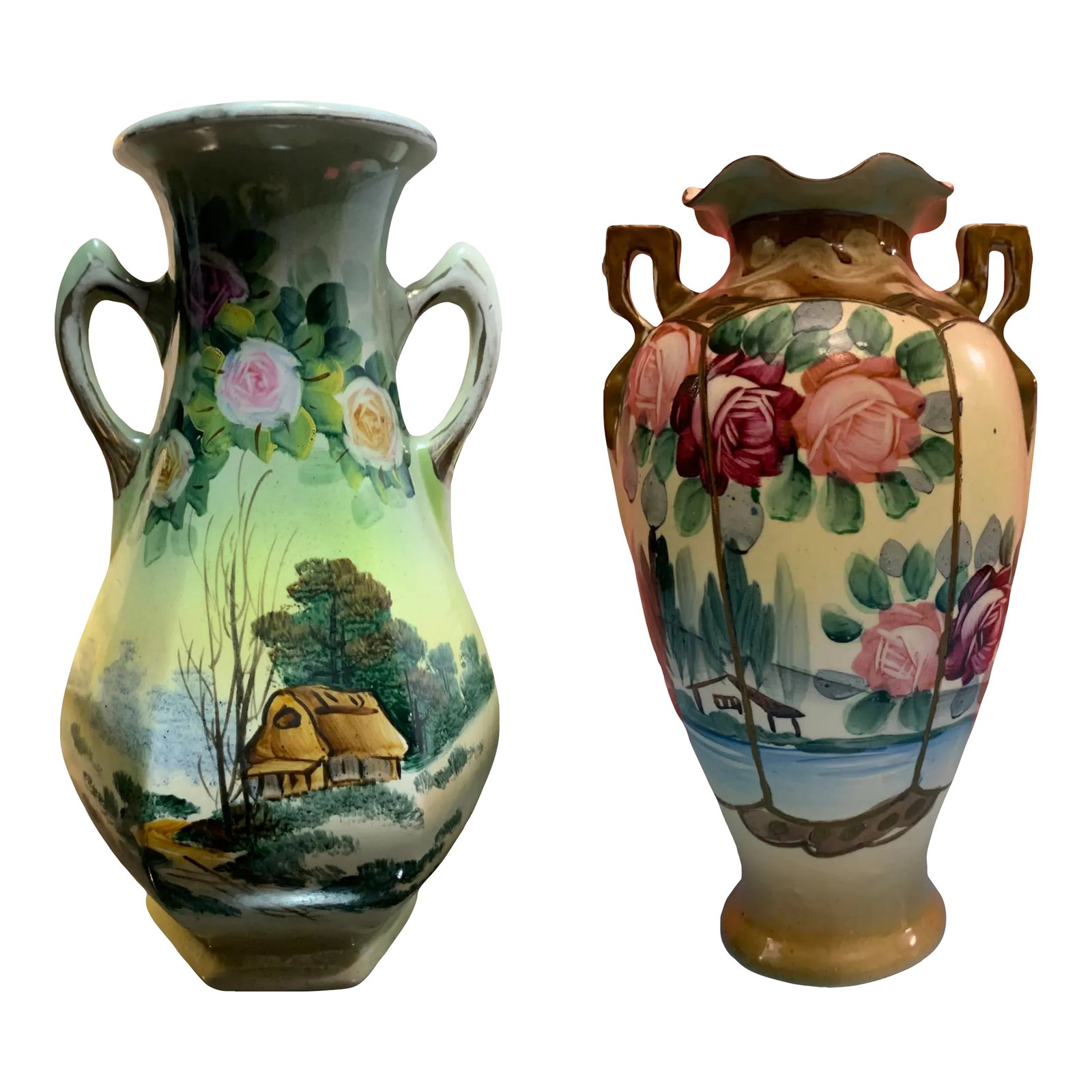 Antique Royal Nishiki Floral Pastoral Porcelain Vase a Pair: These exquisite stoneware vases, crafted and hand-painted by the esteemed Royal Nishiki Company of Japan, showcase remarkable artistry and detail. The first vase, standing 9 inches tall, features a wa