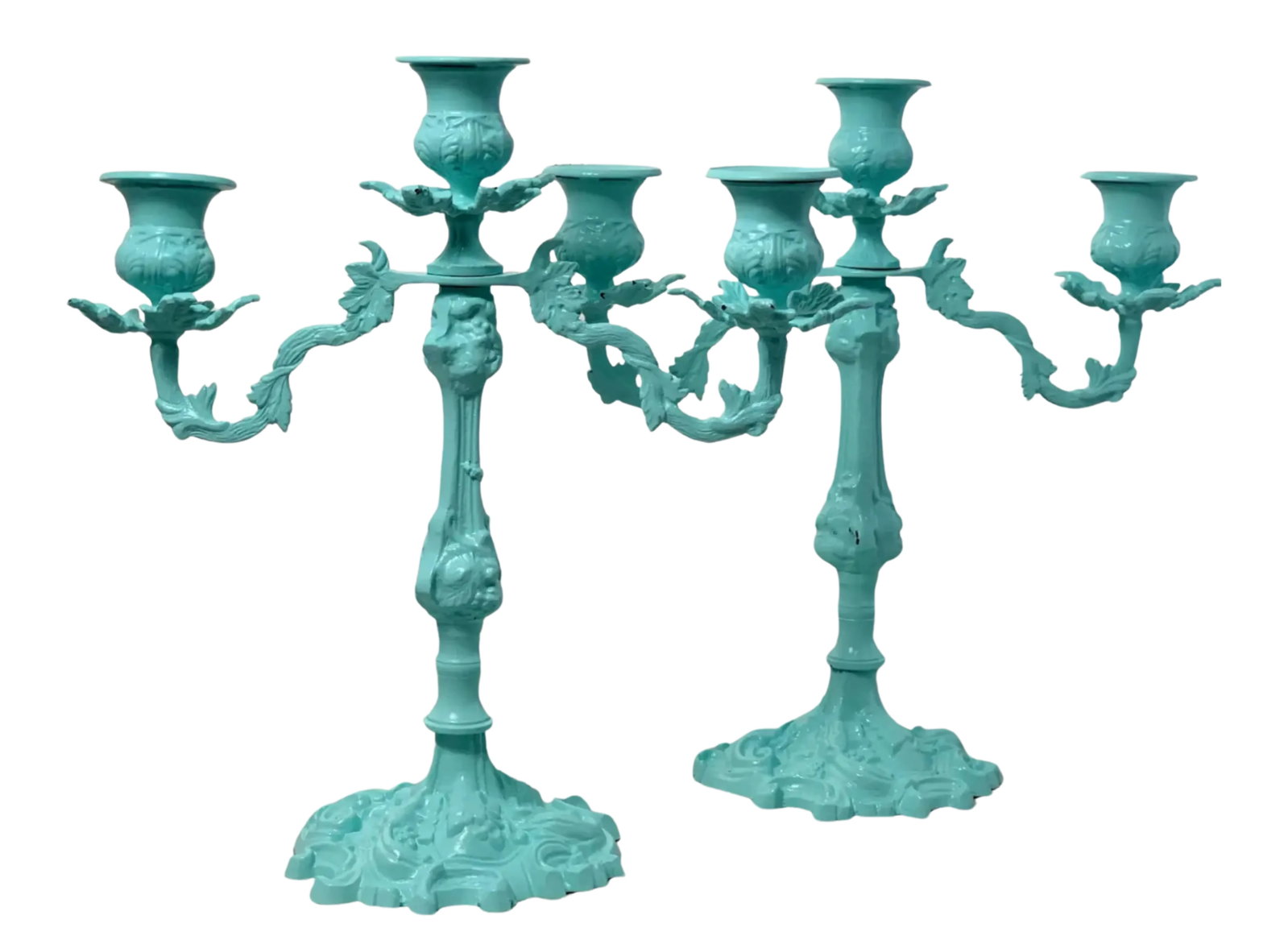 Cast Iron Light Blue Candelabra & Floral Centerpiece Ceramic Bowl- a Set - 10