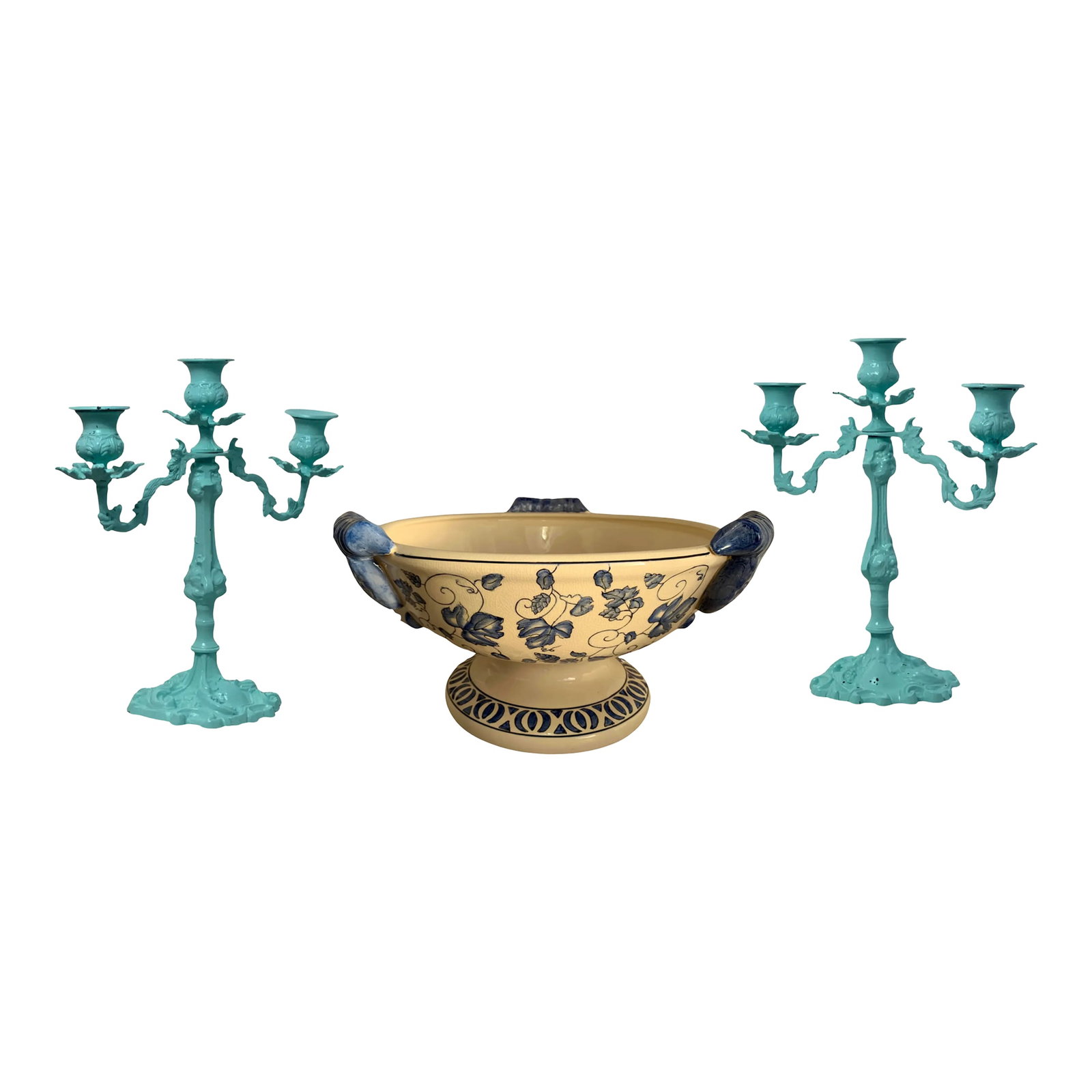 Cast Iron Light Blue Candelabra & Floral Centerpiece Ceramic Bowl- a Set: This elegant set includes a pair of blue wrought iron candelabras and a ceramic-handled pedestal centerpiece bowl, each featuring intricate detailing and a harmonious color palette. The large ceramic