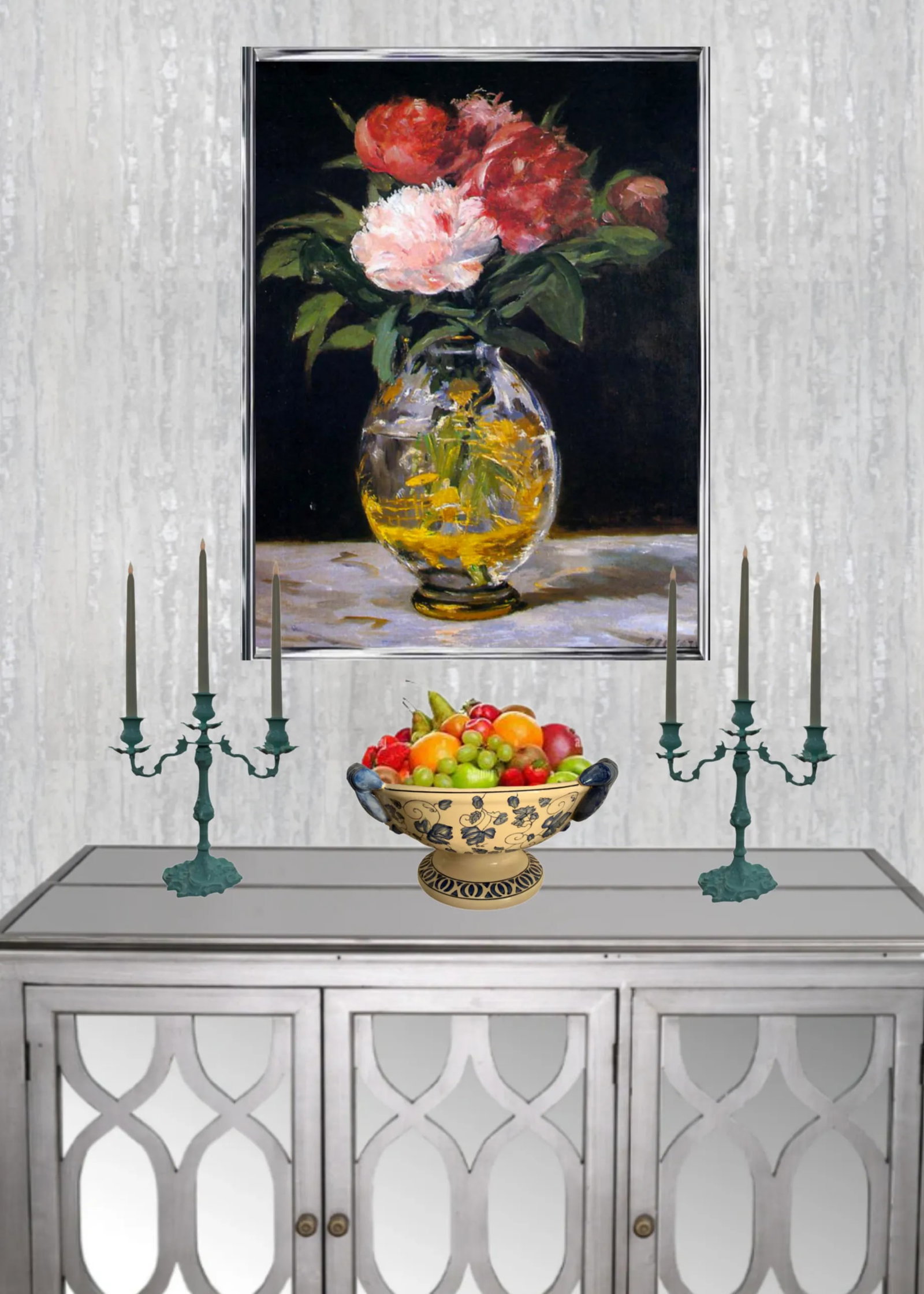 Cast Iron Light Blue Candelabra & Floral Centerpiece Ceramic Bowl- a Set - 2