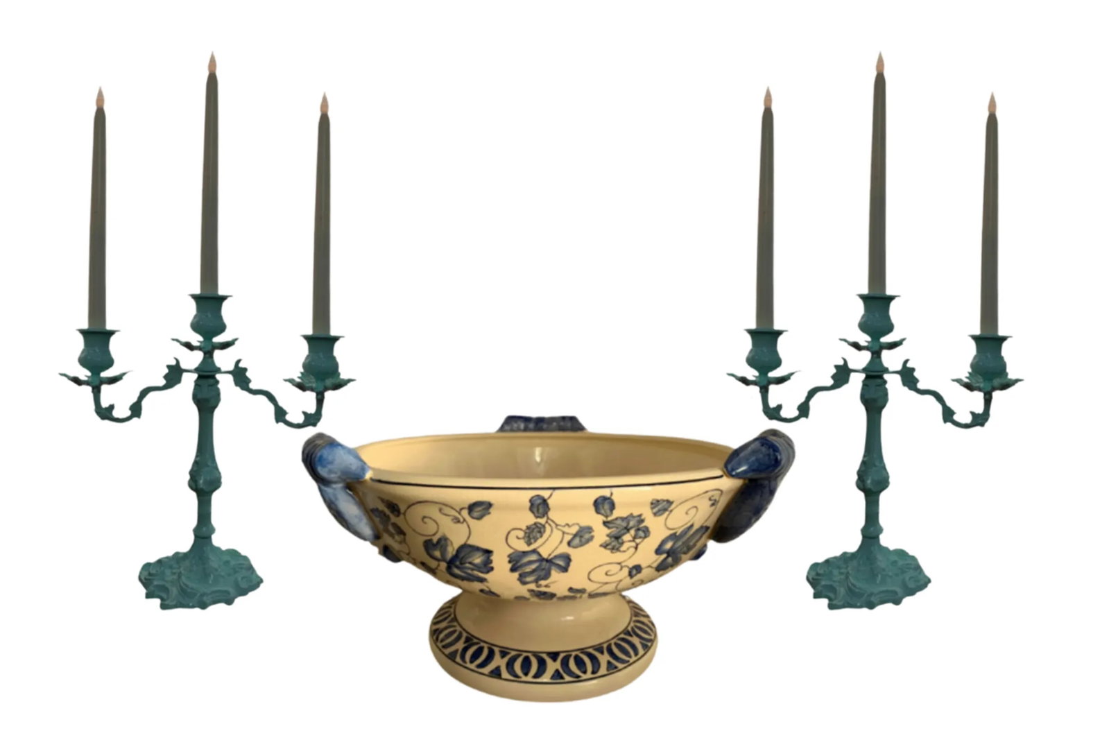 Cast Iron Light Blue Candelabra & Floral Centerpiece Ceramic Bowl- a Set - 3