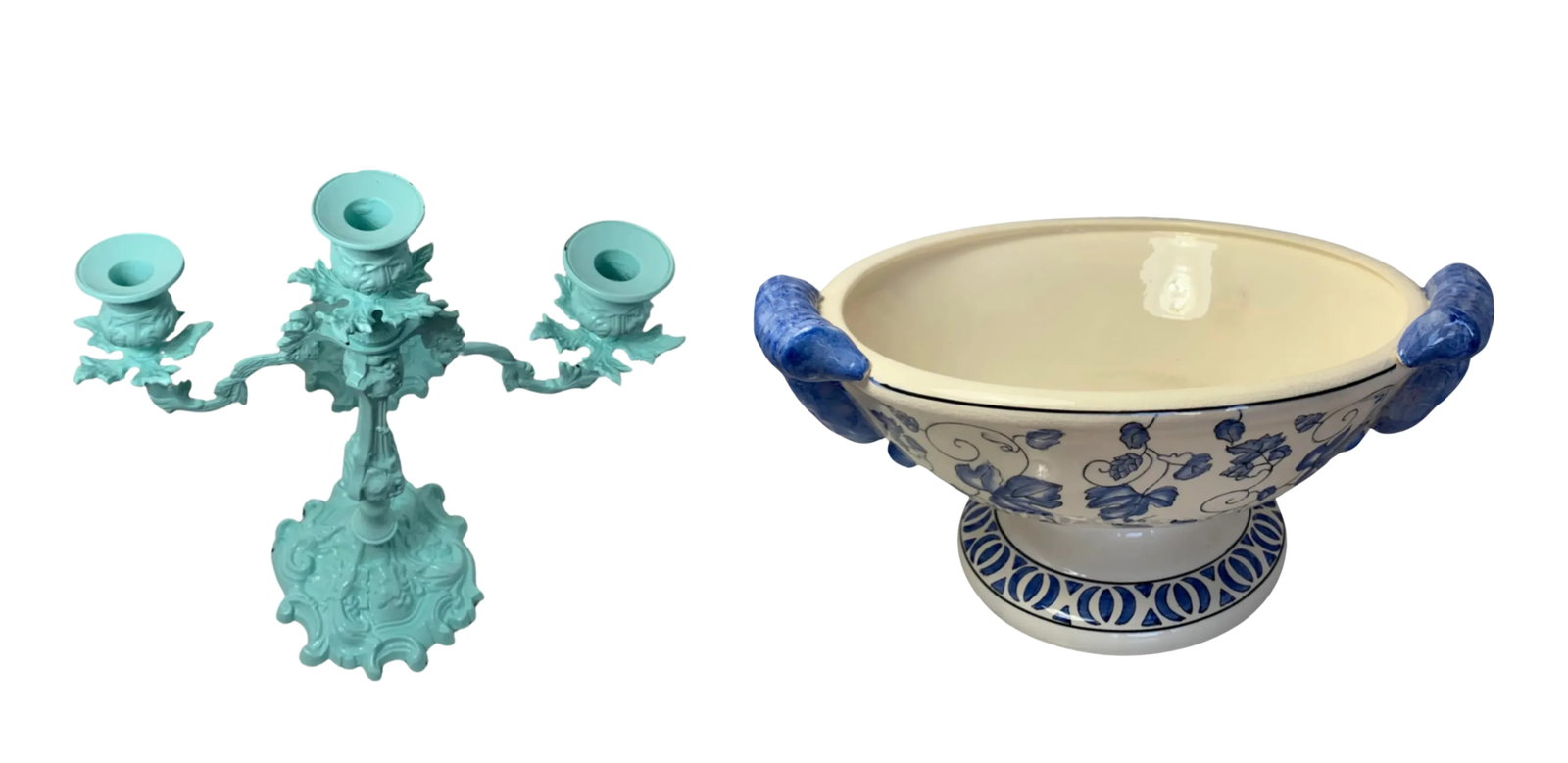 Cast Iron Light Blue Candelabra & Floral Centerpiece Ceramic Bowl- a Set - 4