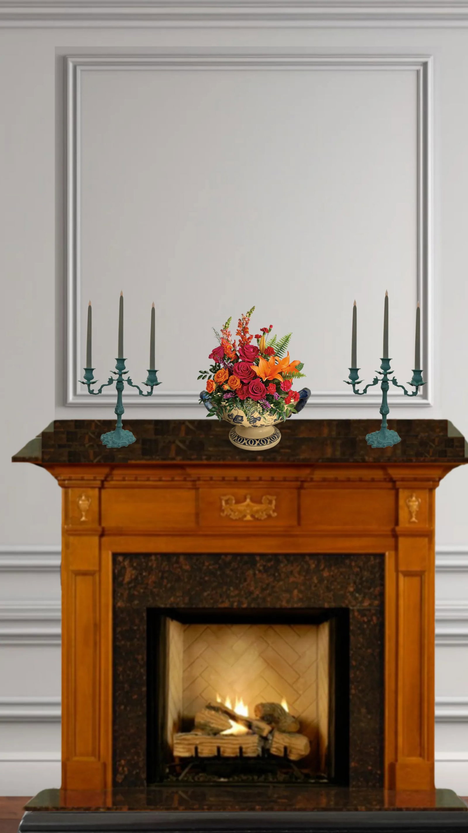 Cast Iron Light Blue Candelabra & Floral Centerpiece Ceramic Bowl- a Set - 5