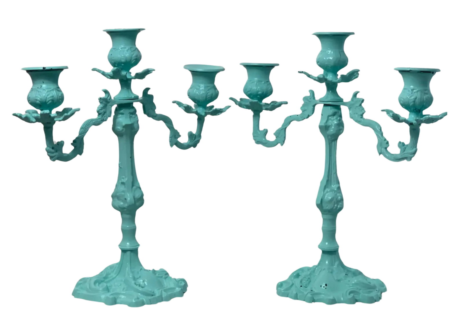 Cast Iron Light Blue Candelabra & Floral Centerpiece Ceramic Bowl- a Set - 6