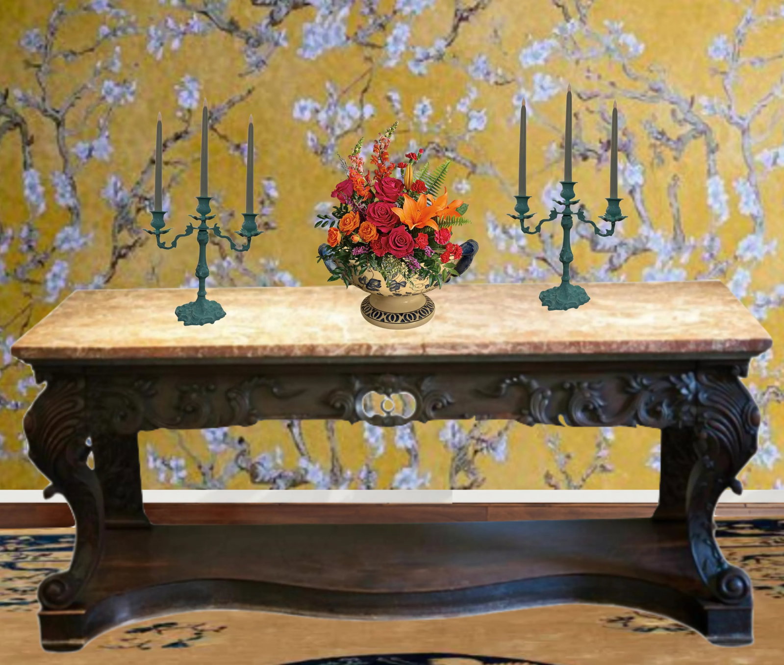 Cast Iron Light Blue Candelabra & Floral Centerpiece Ceramic Bowl- a Set - 7
