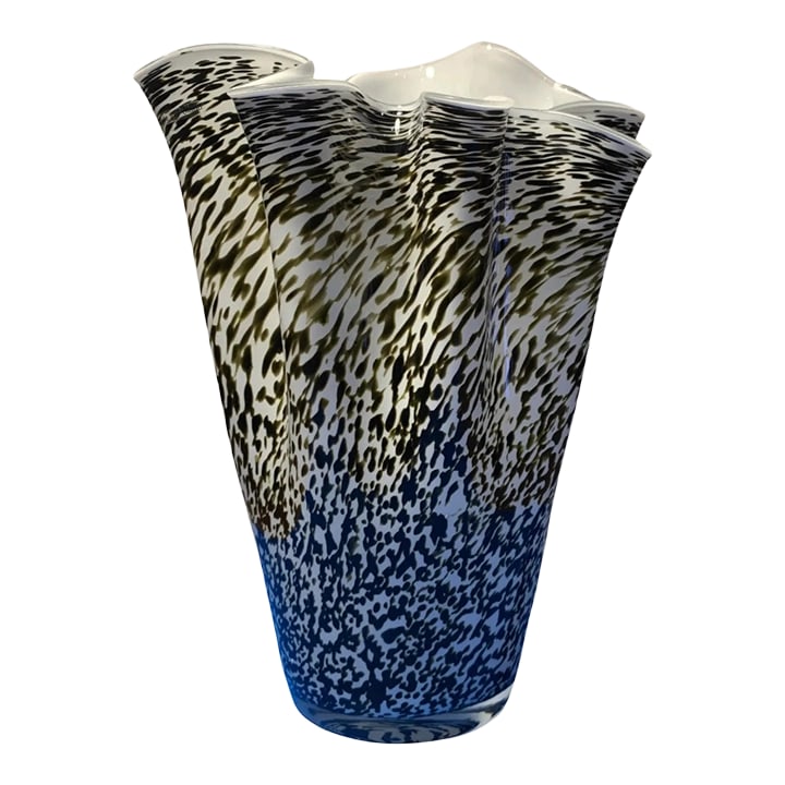 Murano Art Glass Olive Black Mottled Milk Glass Vase: This exquisite 14-inch Murano art glass vase is a stunning work of craftsmanship, created by skilled Italian artisans. The vase features a delicate handkerchief design, with a gracefully ruffled lip t