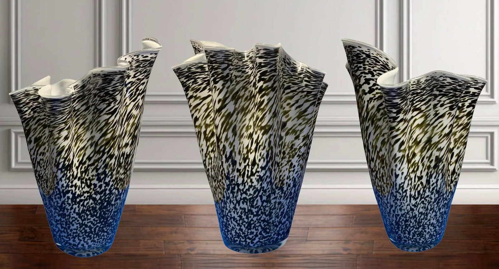 Murano Art Glass Olive Black Mottled Milk Glass Vase - 9