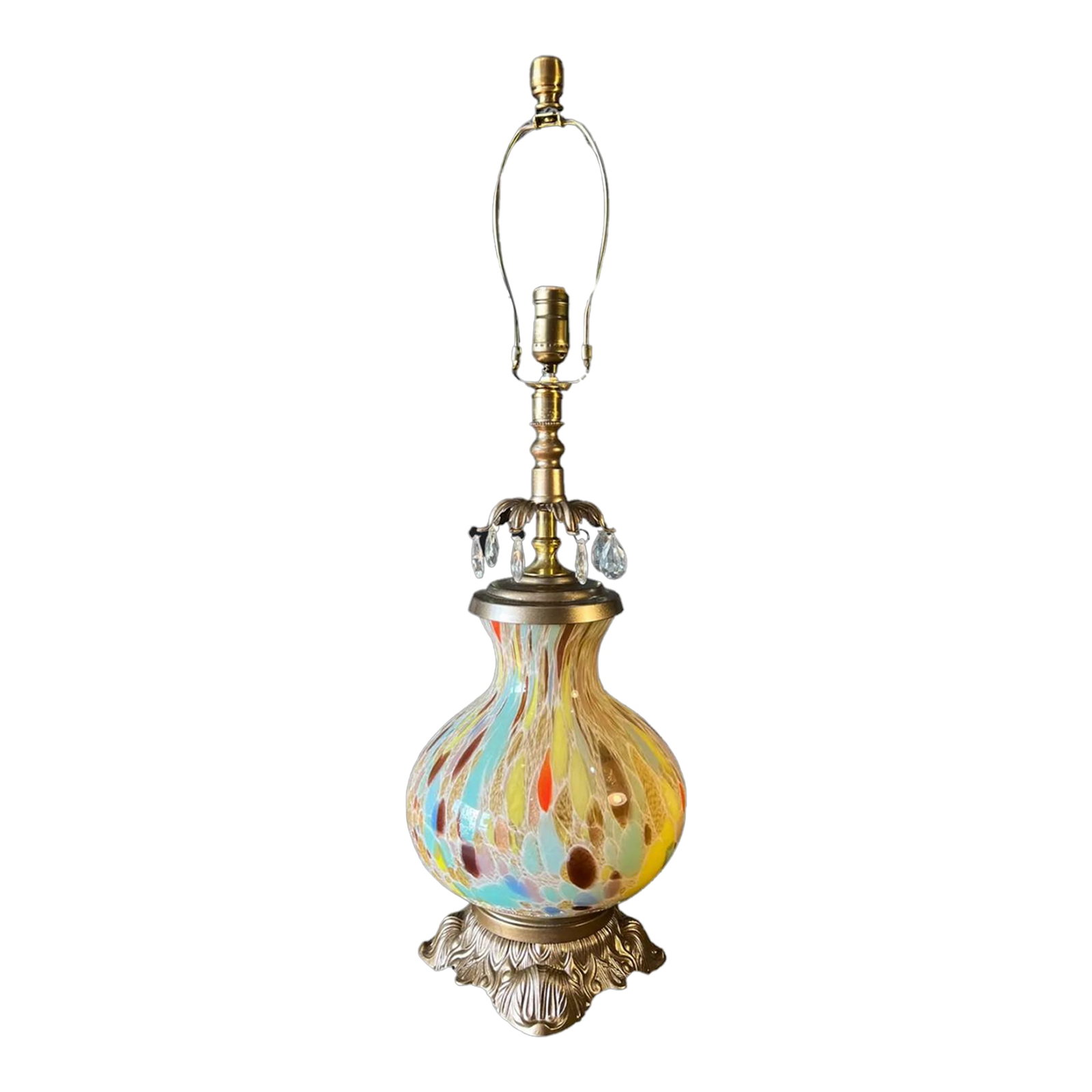 Murano Art Glass Brass Multi-Hued Mottled Table Lamp: This exquisite, one-of-a-kind Murano glass lamp is a stunning blend of artistry and vintage craftsmanship. Hand-blown by master glassmakers in Italy, its gracefully bulbous body tapers into a wide nec