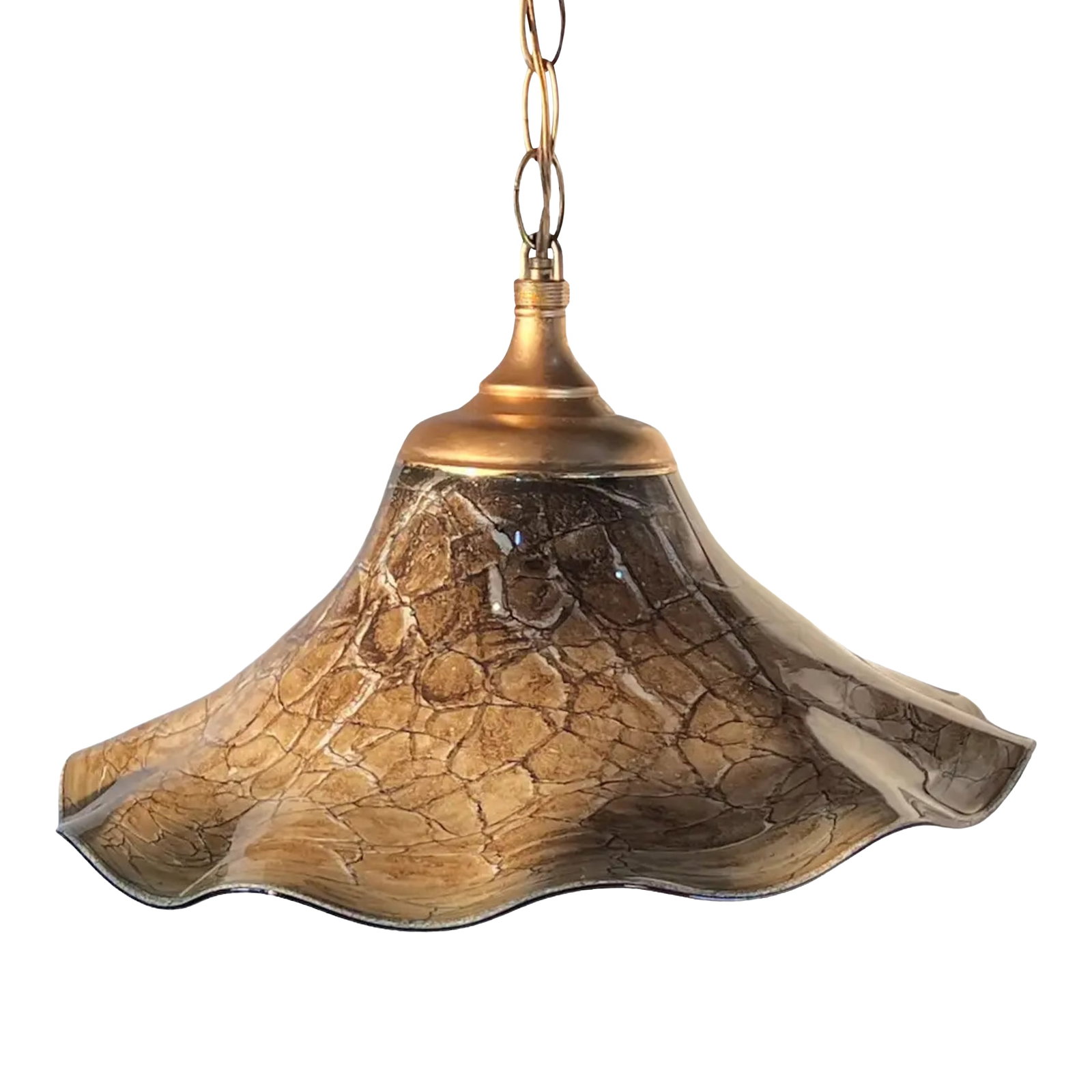 Art Glass Beige Abstract Net Pattern Pendant Light: This exquisite pendant light is a true statement piece, meticulously crafted from hand-blown glass by the renowned Krosno Jozefina Company in Poland and accented with vintage lamp components. The