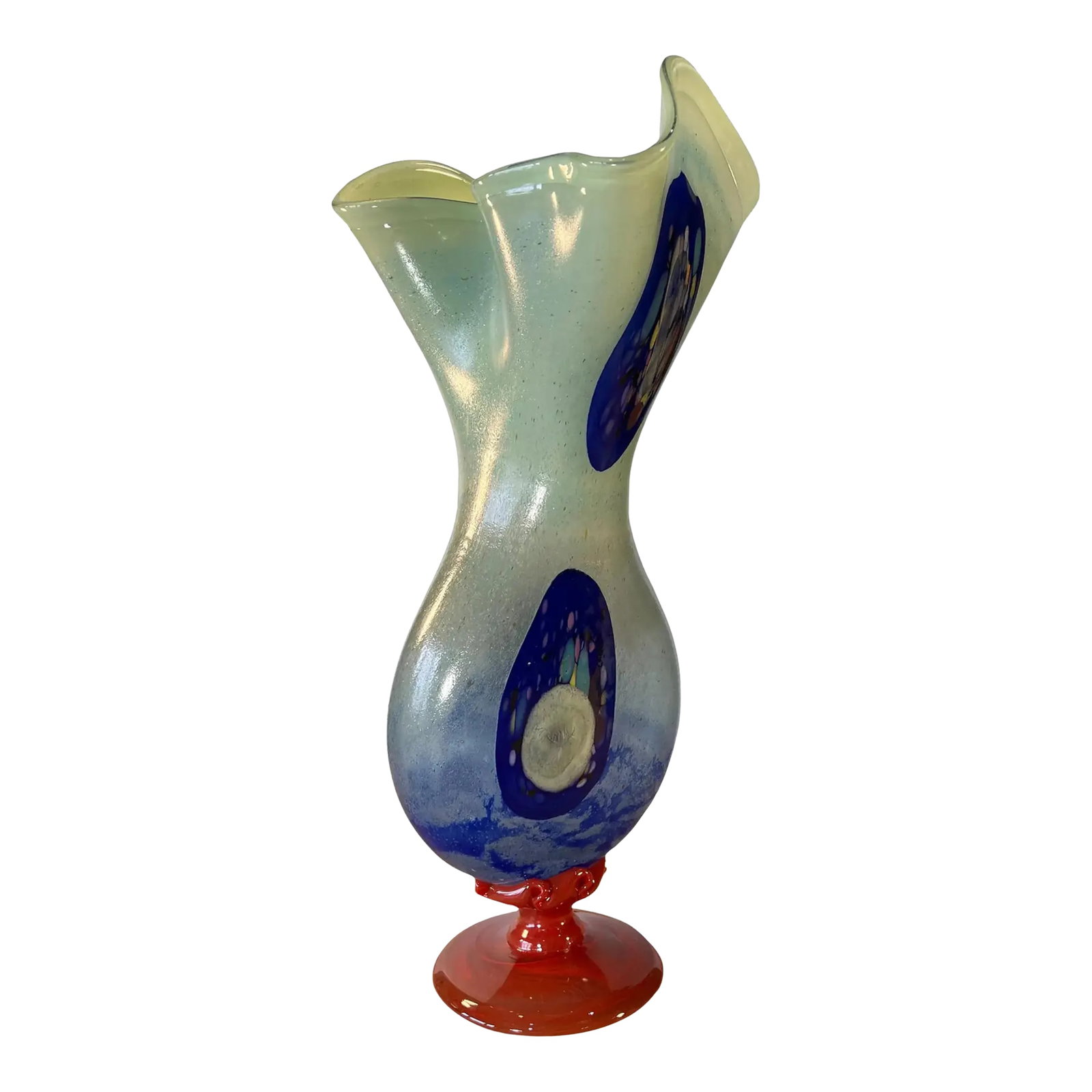 Large Art Glass Abstract Hour Glass Vase: This stunning 18-inch tall Art Glass vase is a true masterpiece, meticulously hand-blown by skilled artisans using a blend of vibrant hues, including rich blue, soft seafoam green, and fiery red