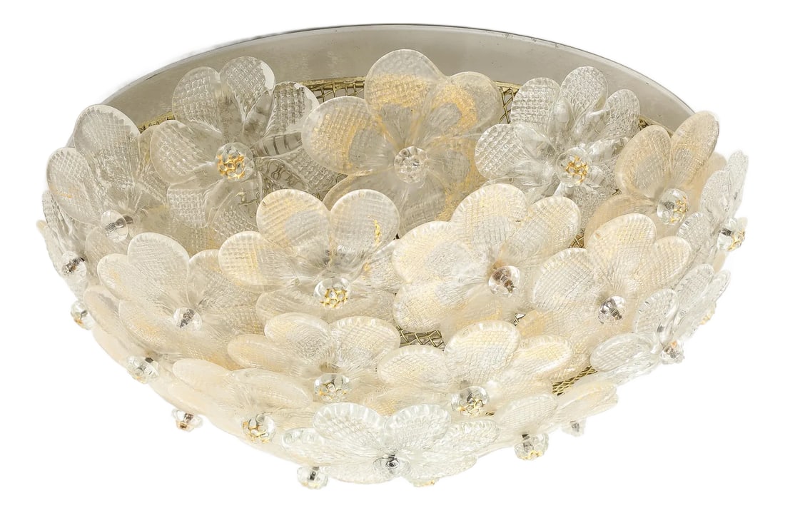 Murano Round Floral Glass Flush Mount Light, Italian 1970s: Italian 1970s Murano glass round flush mount light, with floral design cover. 2 sockets, wired for USA, 40W max. Condition: Alterations: Original Design Modified Imperfections: Needs Restoration Condi
