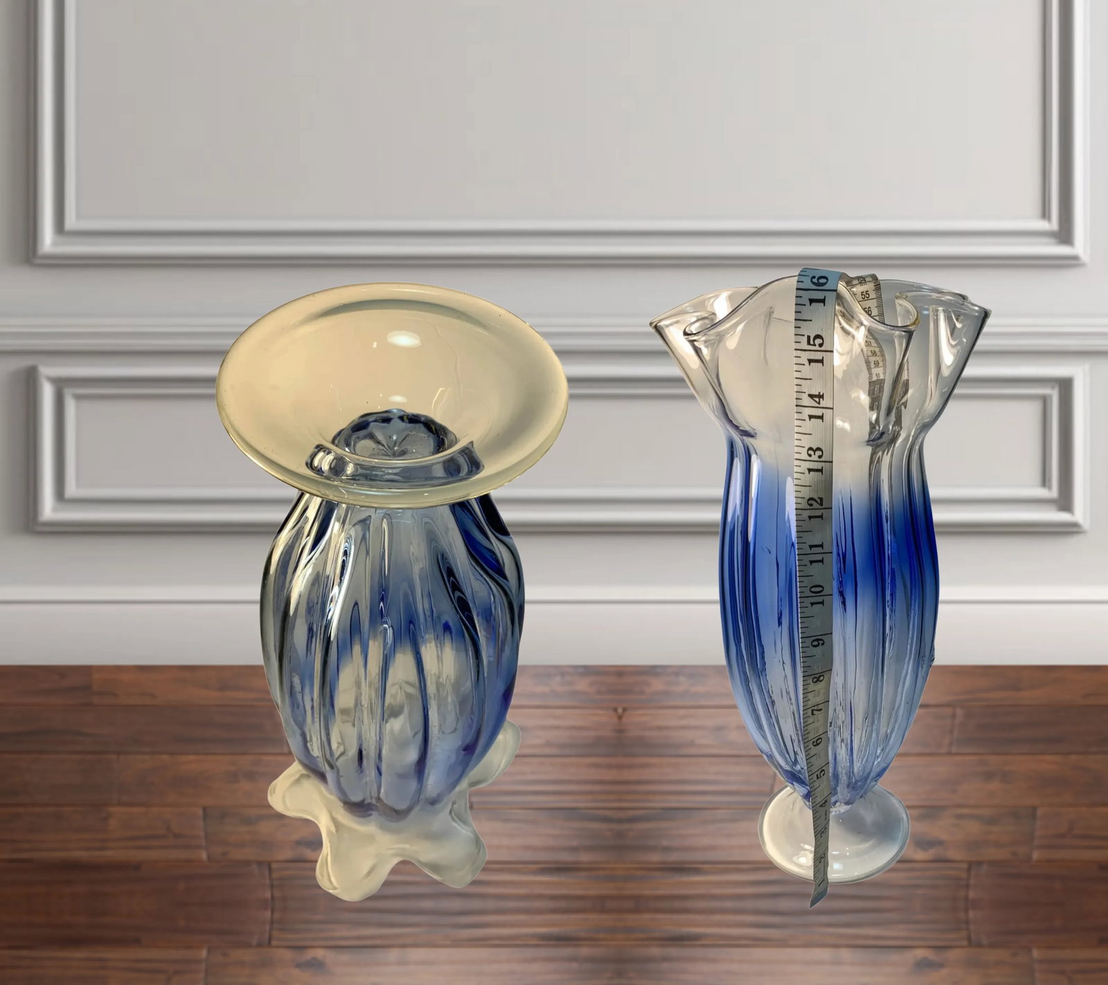 Large Art Glass Blue Ombre Pedestal Vase - 12