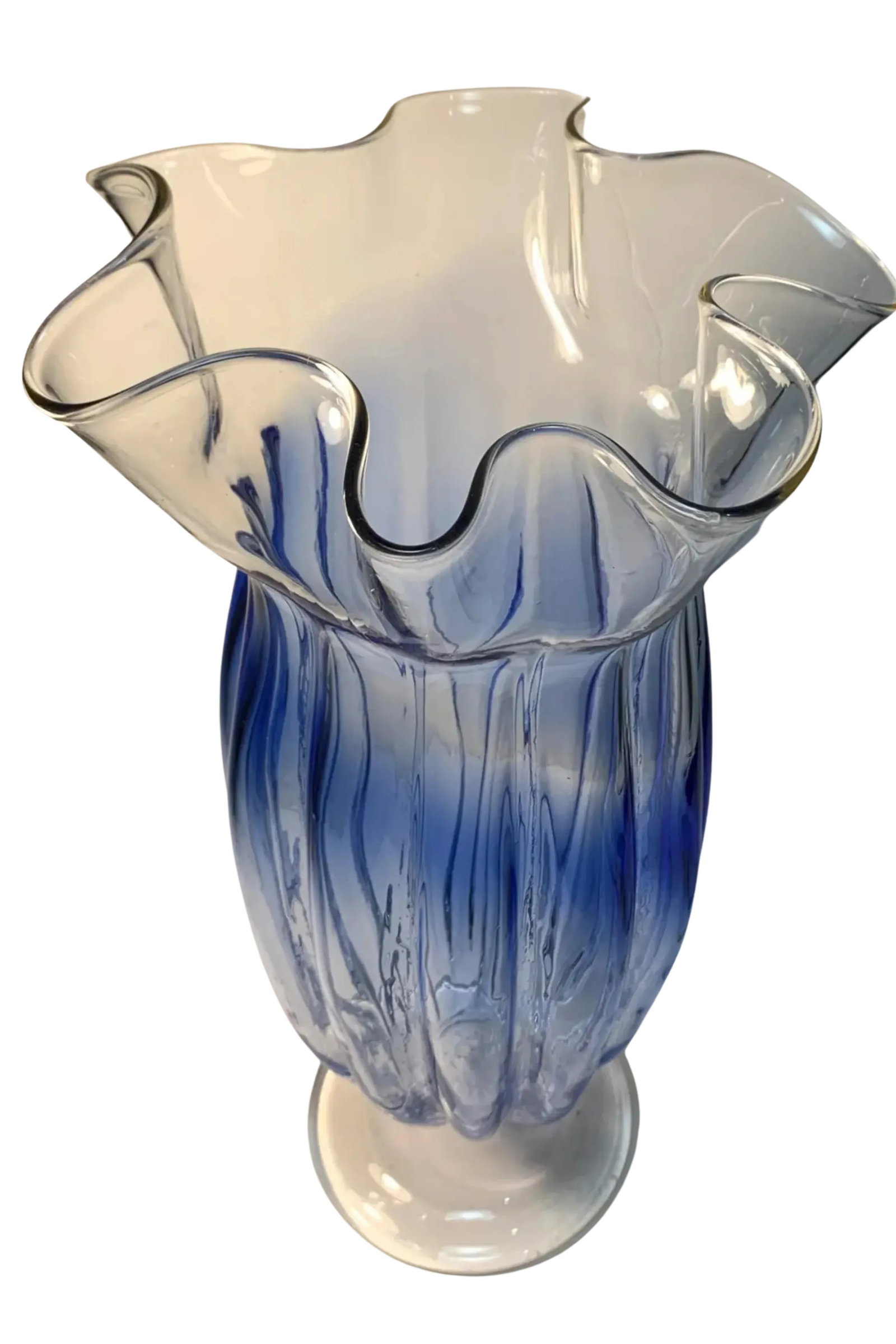 Large Art Glass Blue Ombre Pedestal Vase - 3