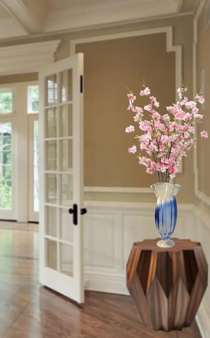Large Art Glass Blue Ombre Pedestal Vase - 4