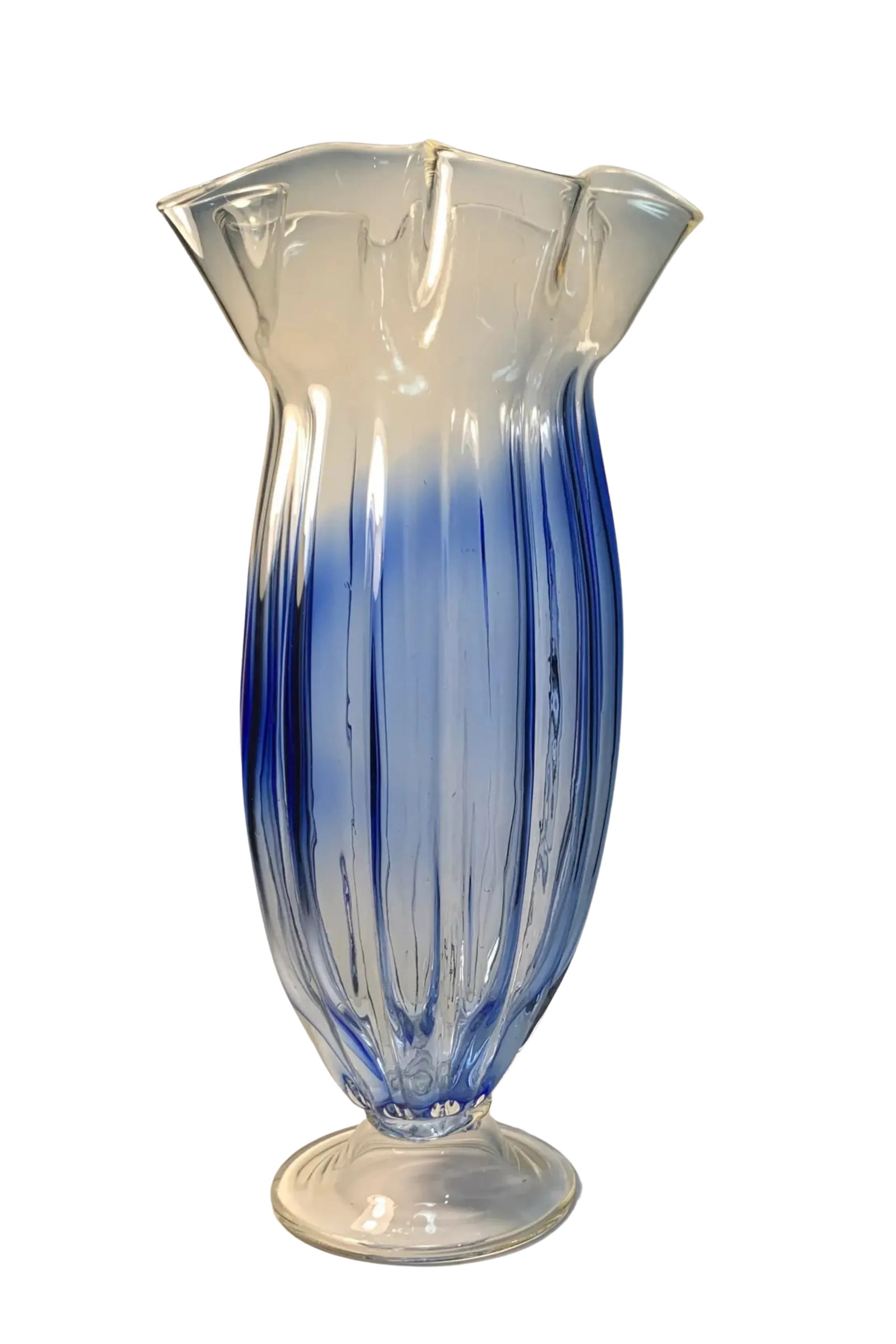 Large Art Glass Blue Ombre Pedestal Vase - 5