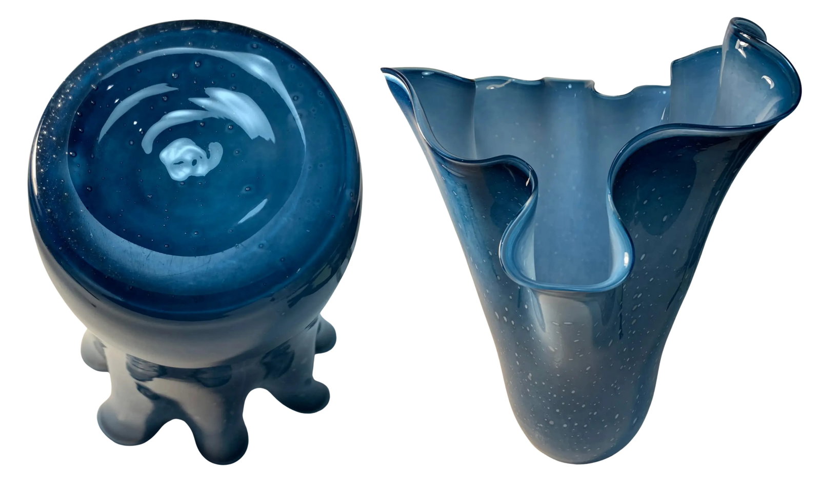 Large Blue Murano Ruffled Art Glass Vase - 12