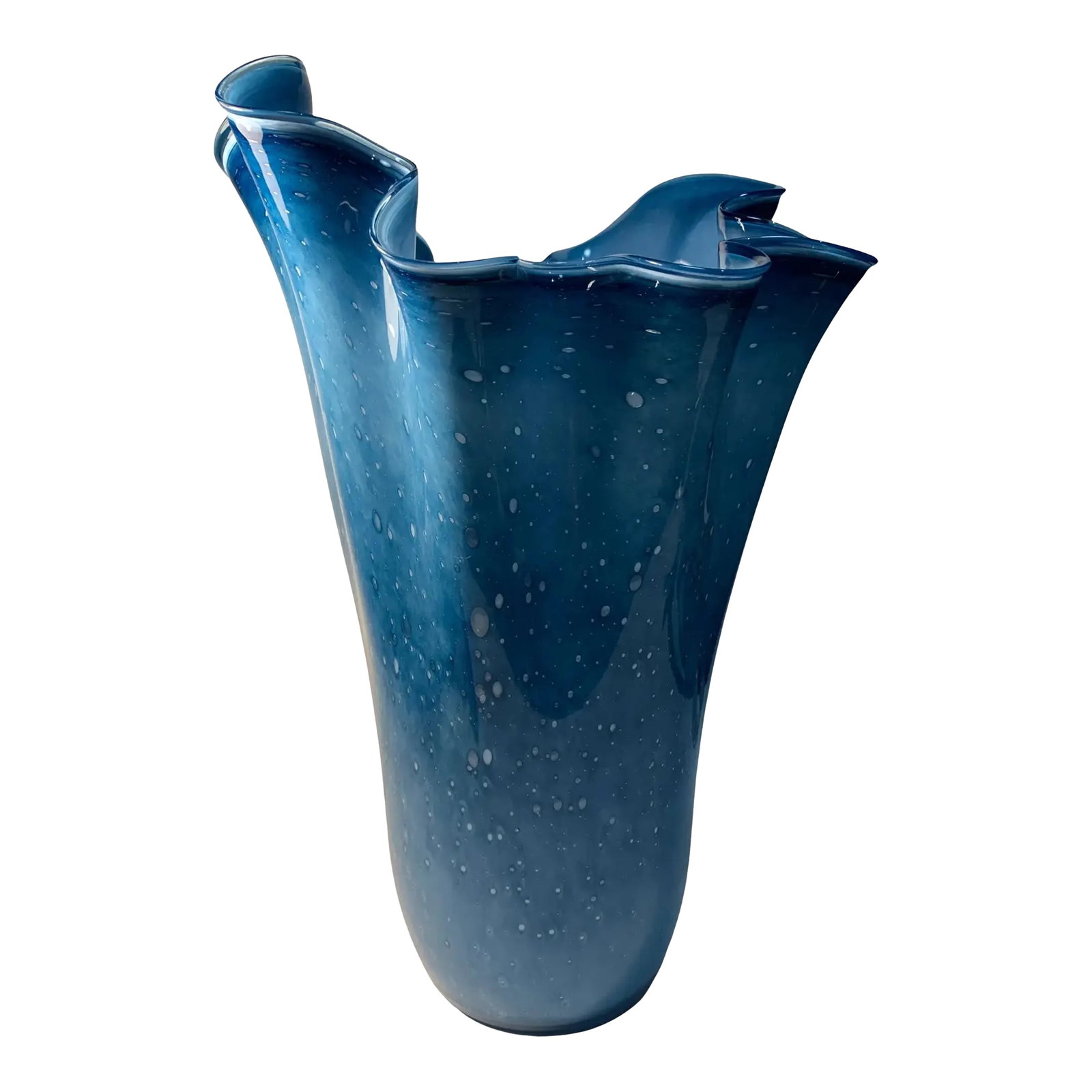 Large Blue Murano Ruffled Art Glass Vase: This stunning 14 ½- inch tall Murano art glass vase is a true masterpiece, meticulously hand-blown by Italy's most skilled artisans. The vase showcases an exquisite fusion of deep blue and
