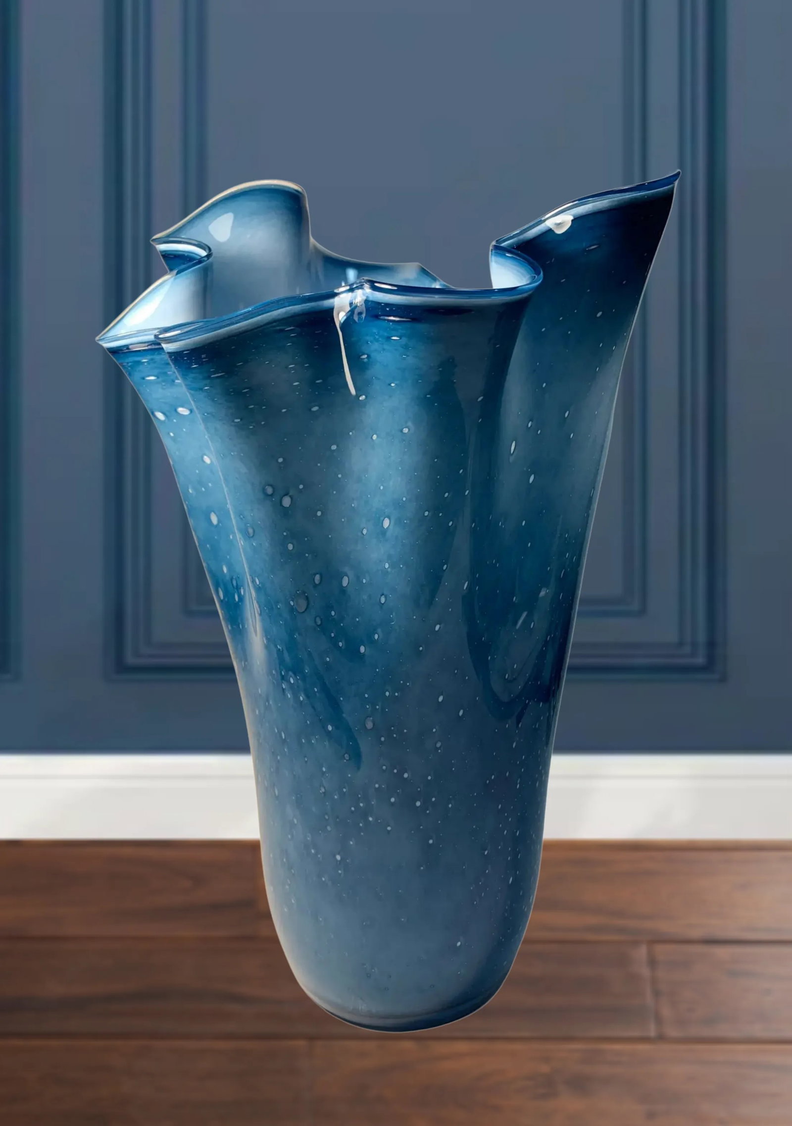 Large Blue Murano Ruffled Art Glass Vase - 2