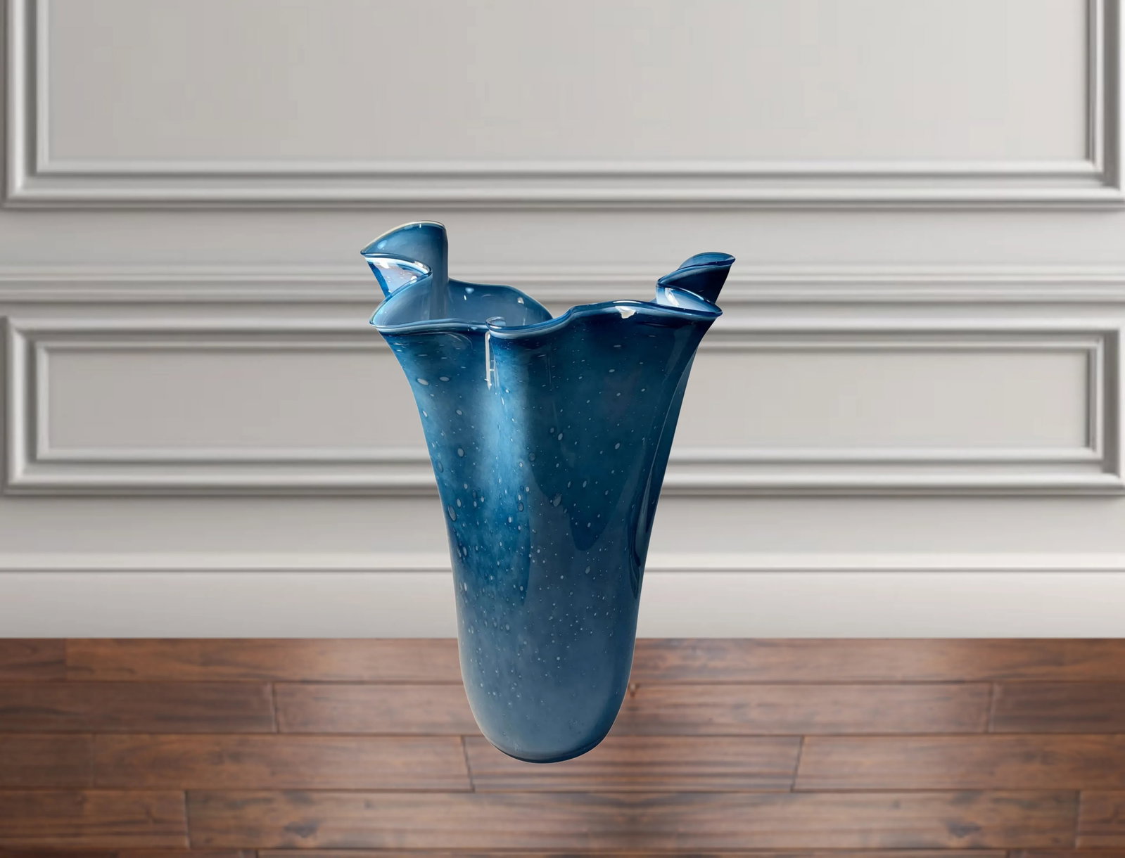 Large Blue Murano Ruffled Art Glass Vase - 3