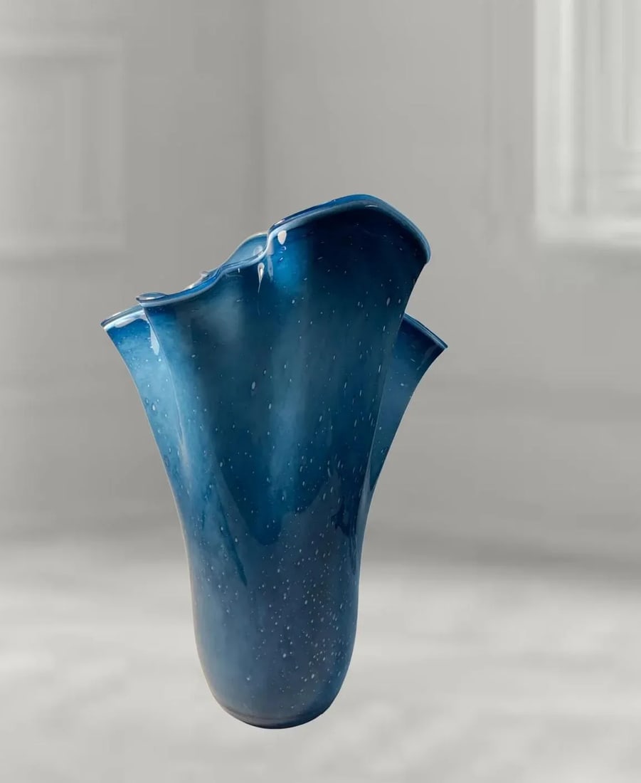 Large Blue Murano Ruffled Art Glass Vase - 5