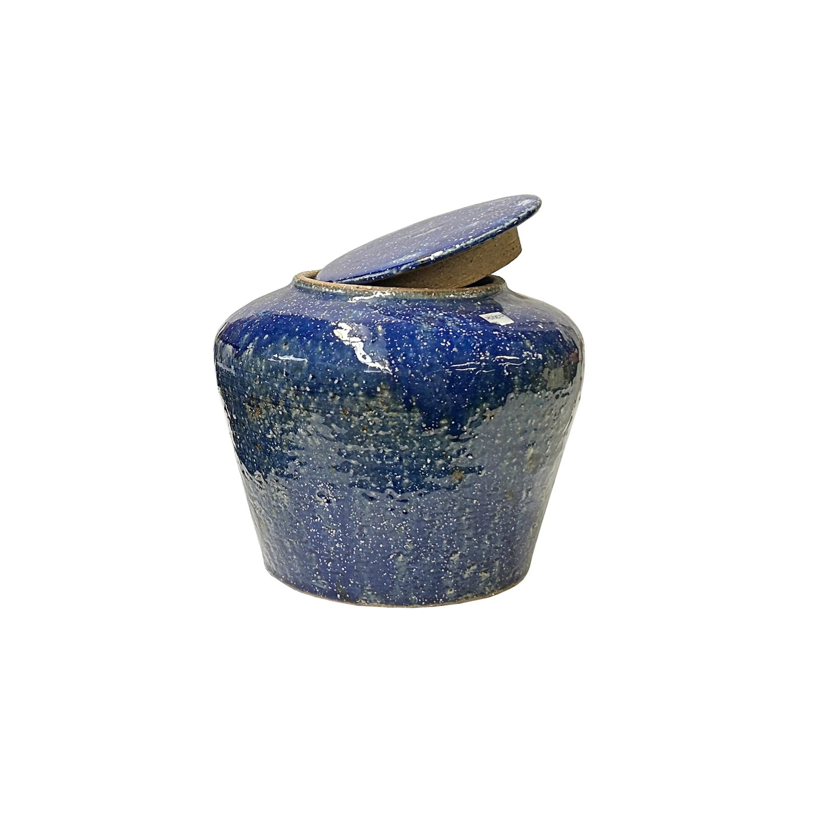 Vintage Distressed Deep Blue White Flecks Round Pottery Pot Jar Urn - 2