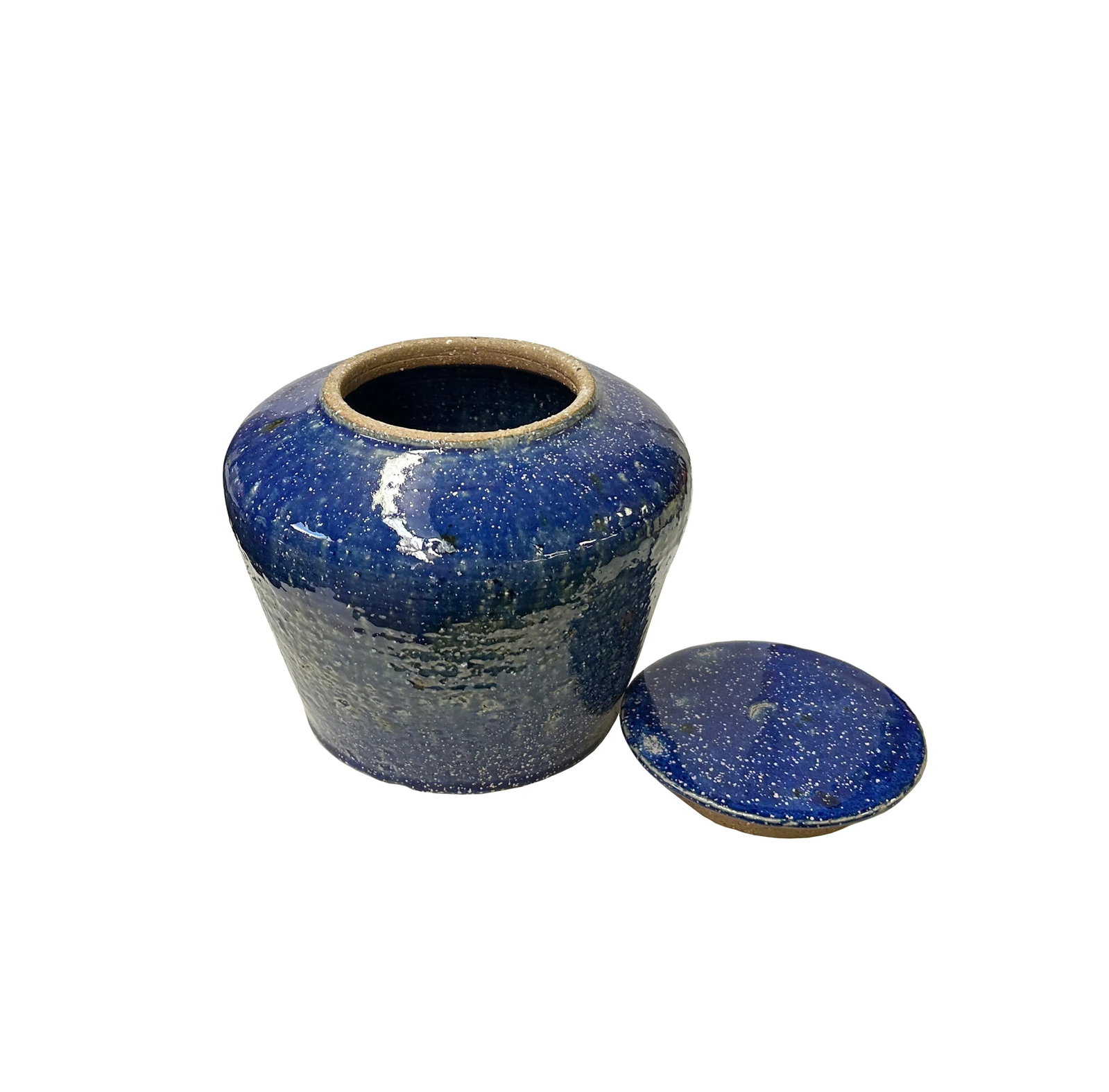 Vintage Distressed Deep Blue White Flecks Round Pottery Pot Jar Urn - 3