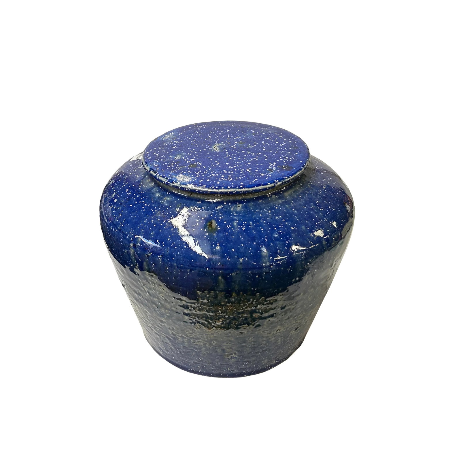 Vintage Distressed Deep Blue White Flecks Round Pottery Pot Jar Urn - 5