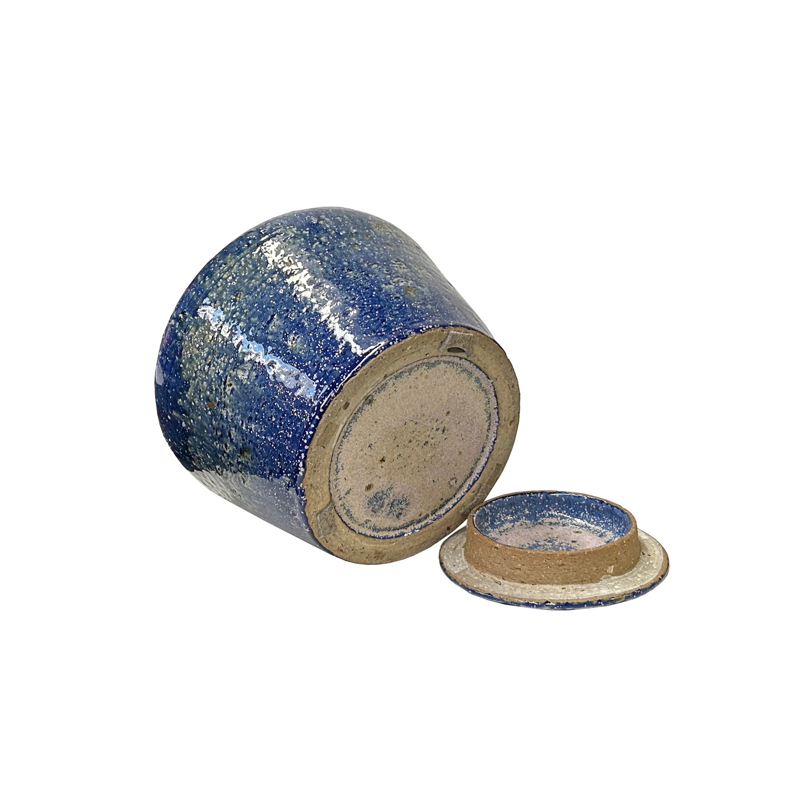 Vintage Distressed Deep Blue White Flecks Round Pottery Pot Jar Urn - 6