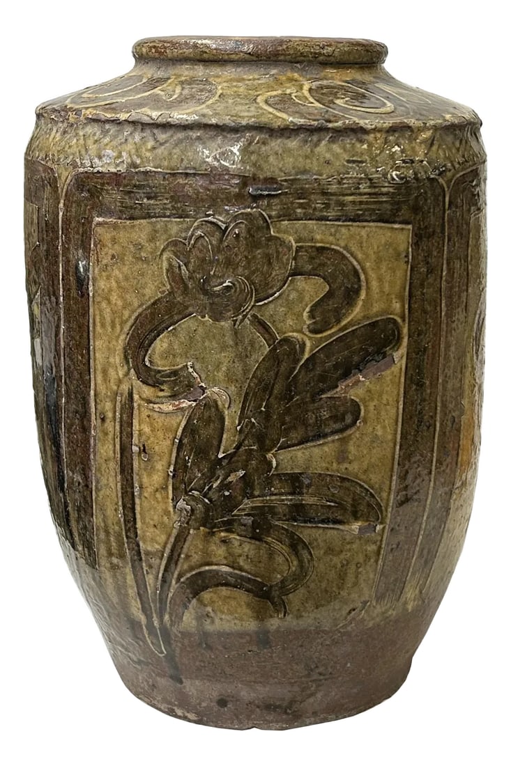 Vintage Earthy Beige Brown Village Rural Pottery Ceramic Pot Vase: This ancient ceramic jar exudes a rustic charm, its weathered surface telling tales of centuries past. The vessel, crafted from earthy pottery ware, features a rounded body that tapers slightly