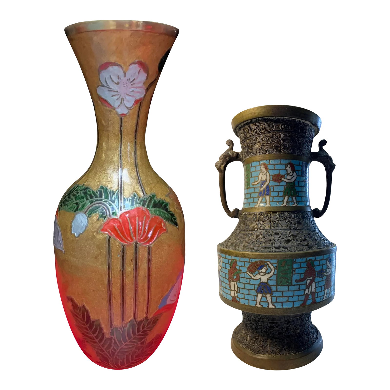 Vintage Asian Champleve Brass Vase - A Pair: These two vases, while different in style, complement each other beautifully and can enhance various interior design themes. The first vase is made of brass and stands 13.5 inches tall. It has a smoot