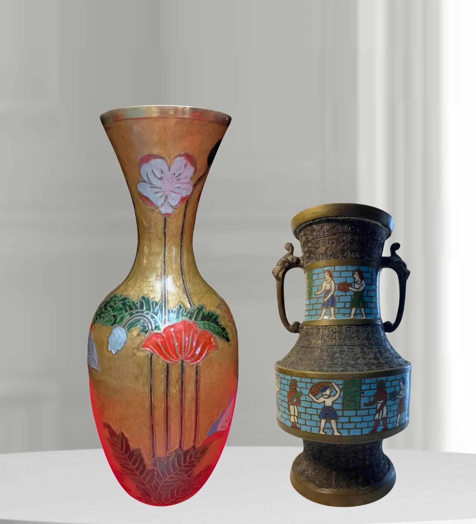 Vintage Asian Champleve Brass Vase - A Pair - 8