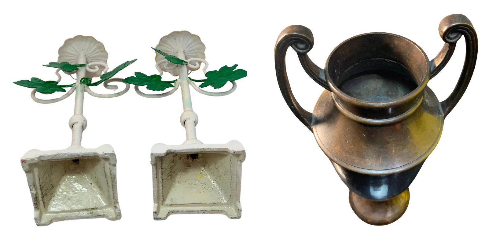 Vintage Tole Iron Candle Sticks and Bronze Urn - Set of 3 - 12