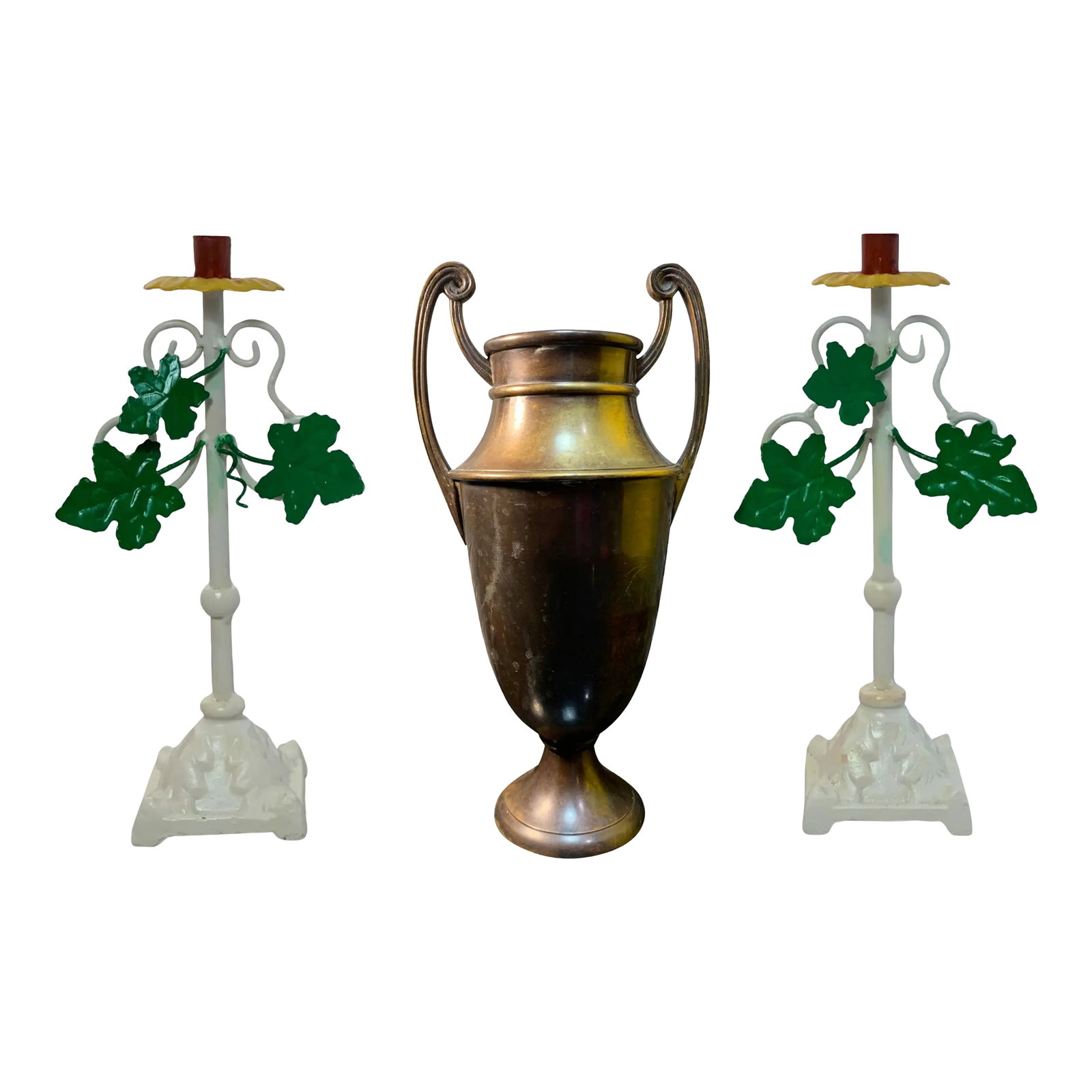 Vintage Tole Iron Candle Sticks and Bronze Urn - Set of 3 (1 of 12)