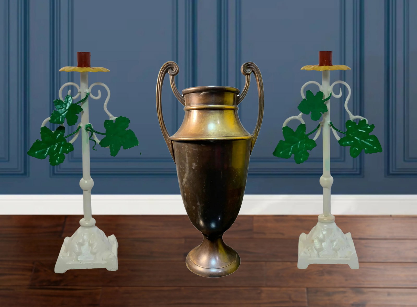 Vintage Tole Iron Candle Sticks and Bronze Urn - Set of 3 - 7