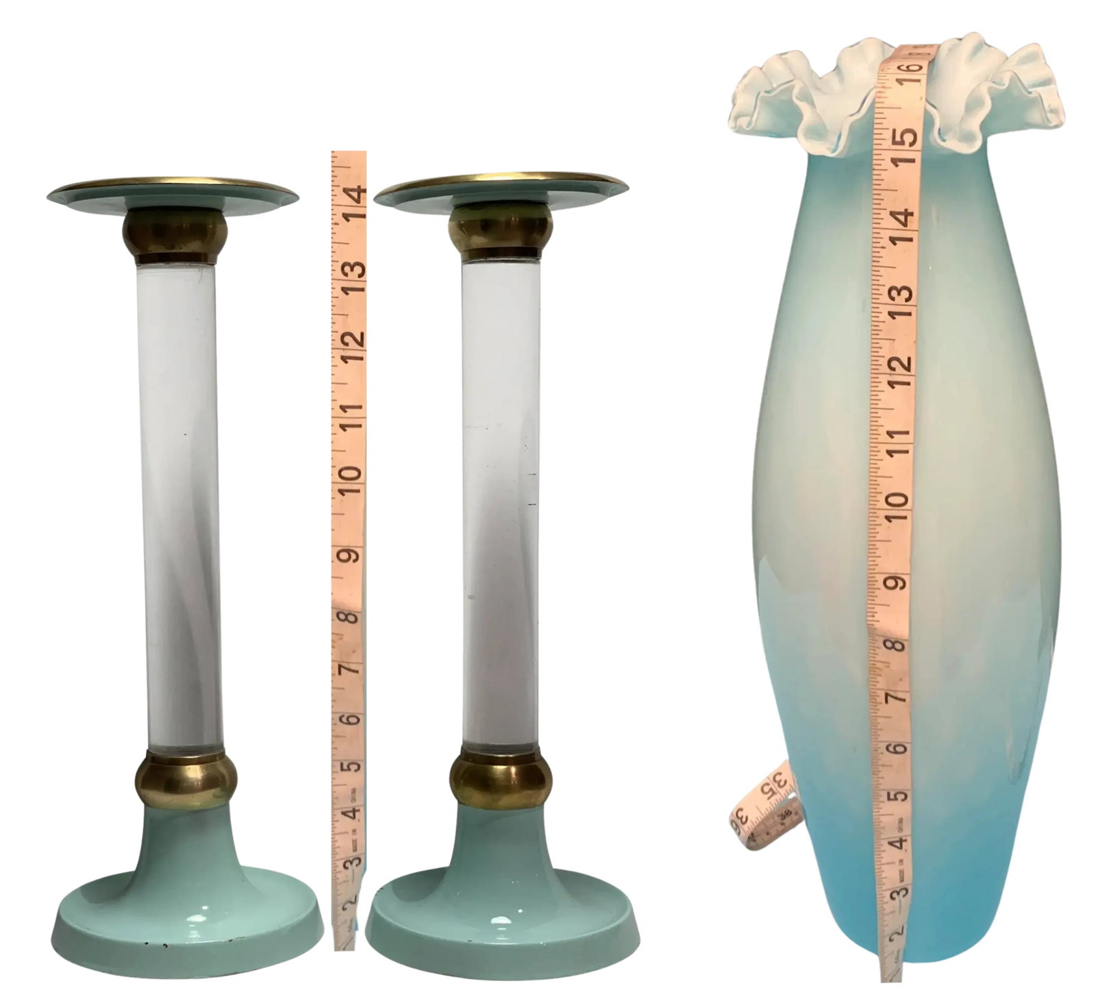 Art Glass Crimped Lip Light Blue Vase and Candle Holder Set - 12