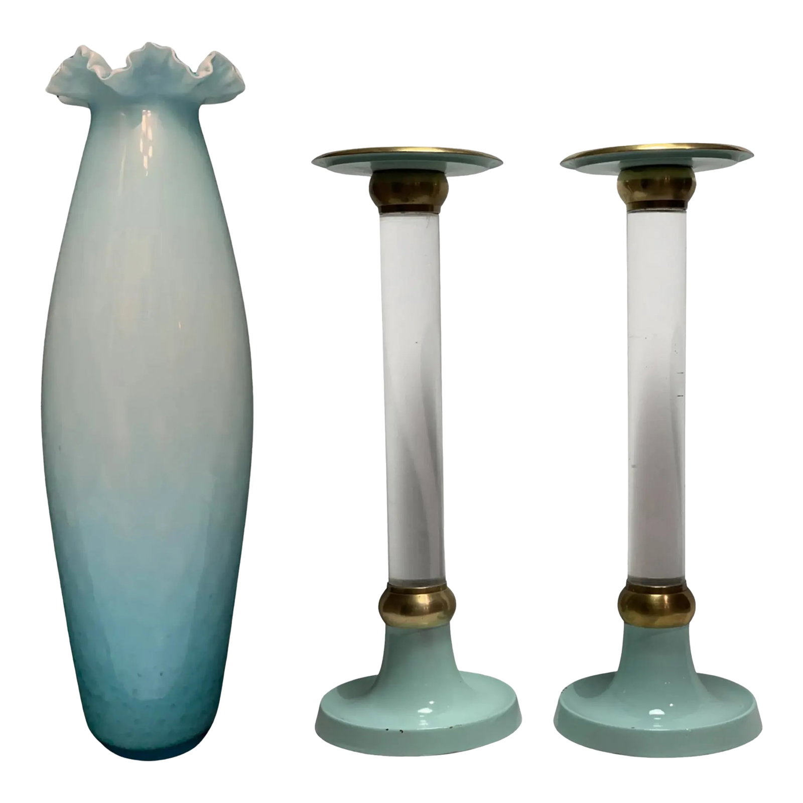 Art Glass Crimped Lip Light Blue Vase and Candle Holder Set: This elegant pairing of a Fenton-style opalescent art glass vase and mid-century Montagnani-style Lucite candle holders effortlessly complements each other, bringing a refined yet dynamic balance to