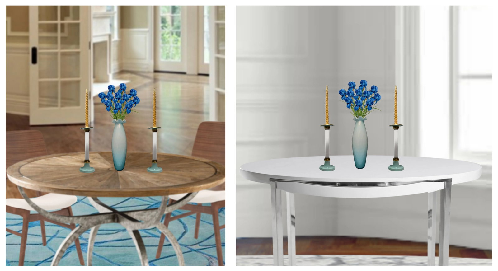 Art Glass Crimped Lip Light Blue Vase and Candle Holder Set - 3