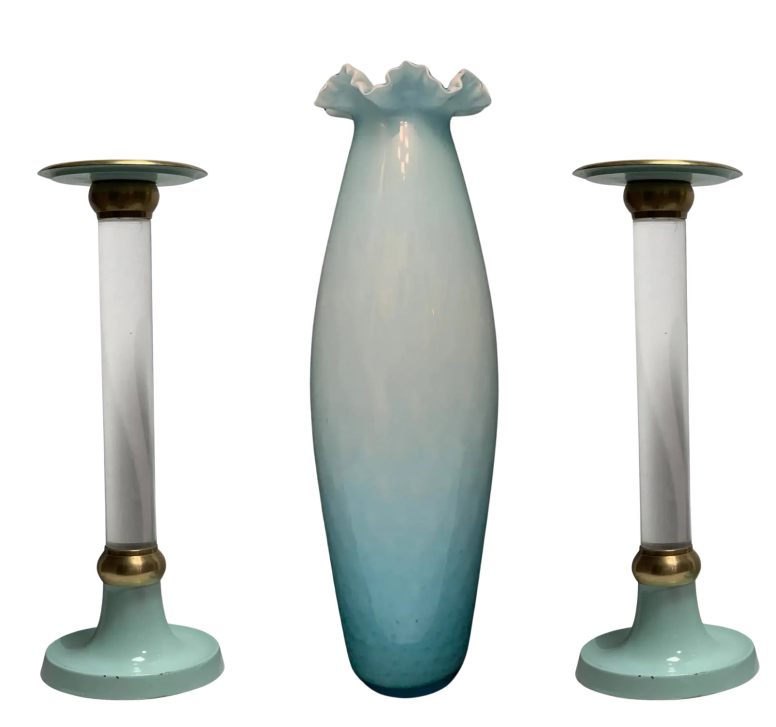 Art Glass Crimped Lip Light Blue Vase and Candle Holder Set - 8